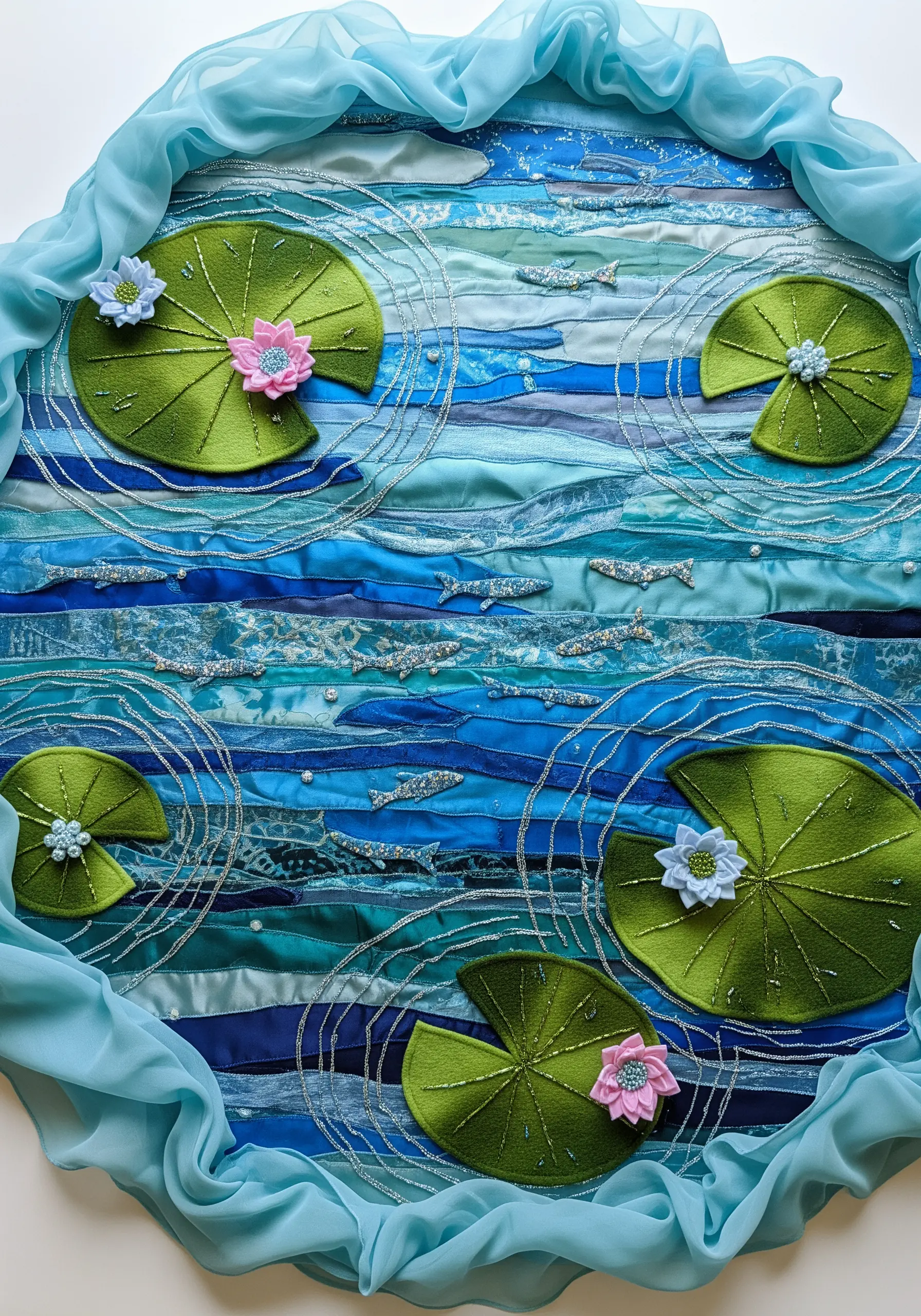Fabric collage of a water lily pond with layered blue fabric strips.