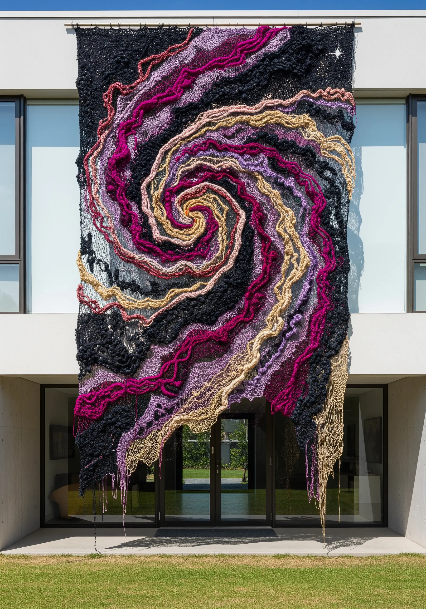 A large-scale wall hanging with thick magenta and cream yarns couched onto a black net base.