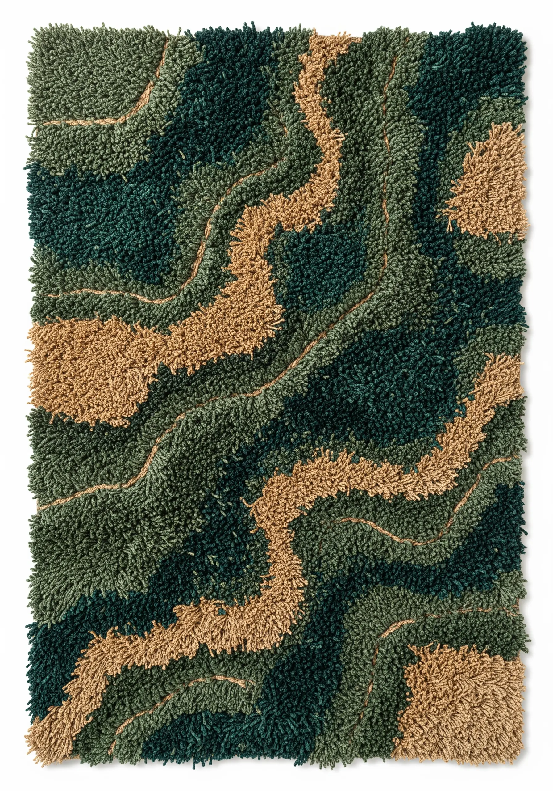 A latch hook wall hanging with dense green and tan yarn creating an abstract topographic pattern.