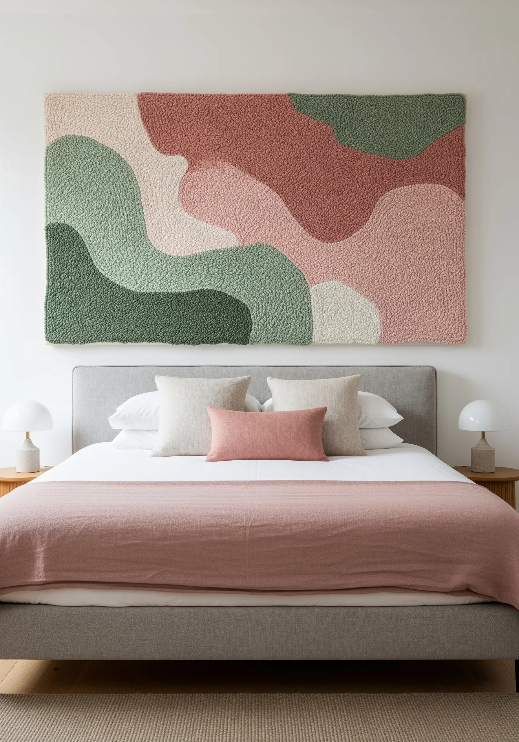 A large abstract punch needle wall hanging with organic shapes in dusty pink and green tones.