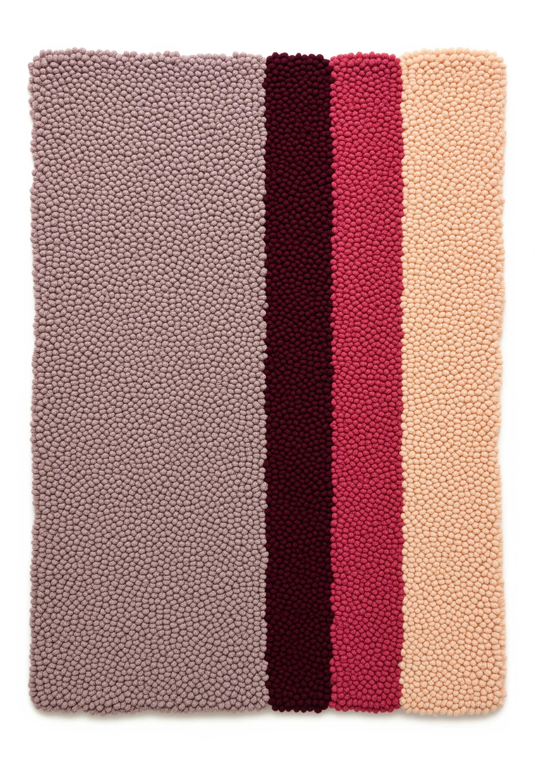 A punch needle wall hanging with vertical stripes in shades of mauve, burgundy, and peach.
