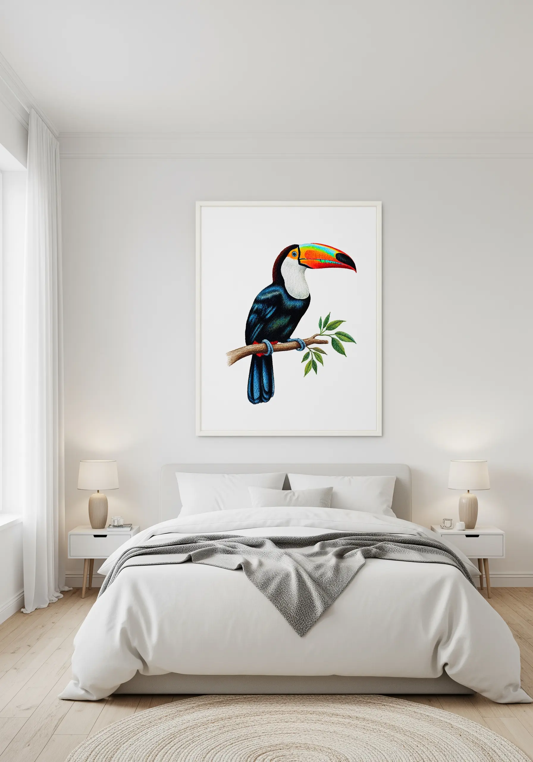 A large, framed embroidery of a colorful toucan with a blended, painterly texture.