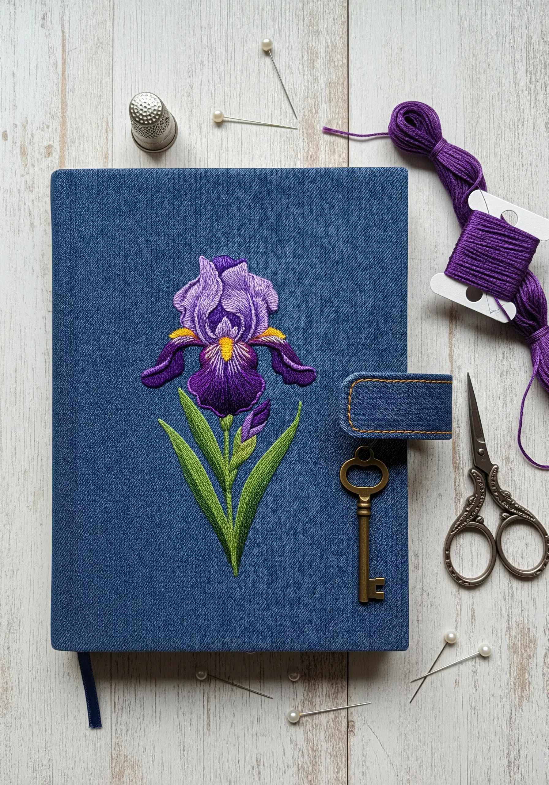 A highly detailed, thread-painted purple and yellow iris on the cover of a blue book.