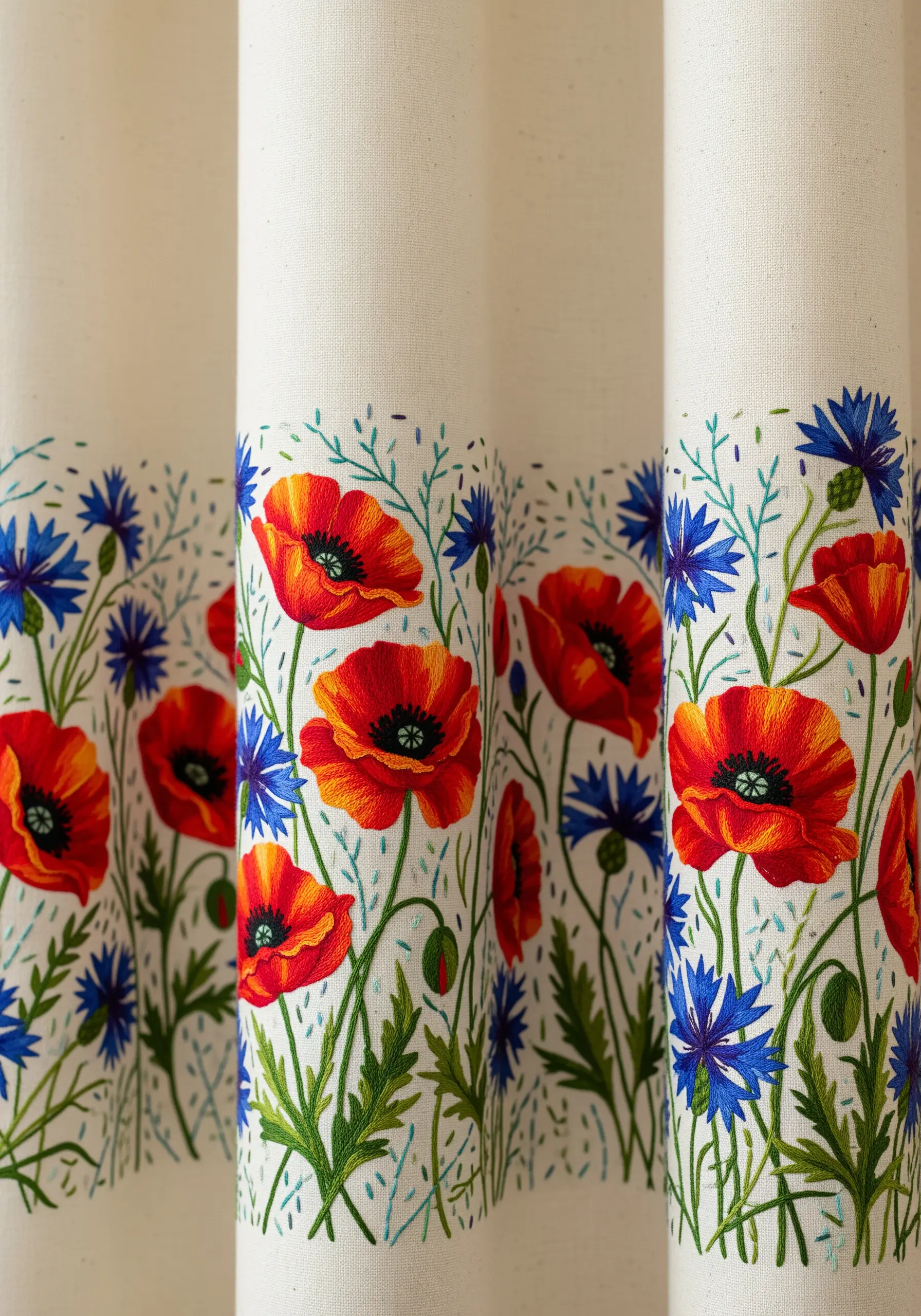 A vibrant border of red poppies and blue cornflowers embroidered on a curtain.