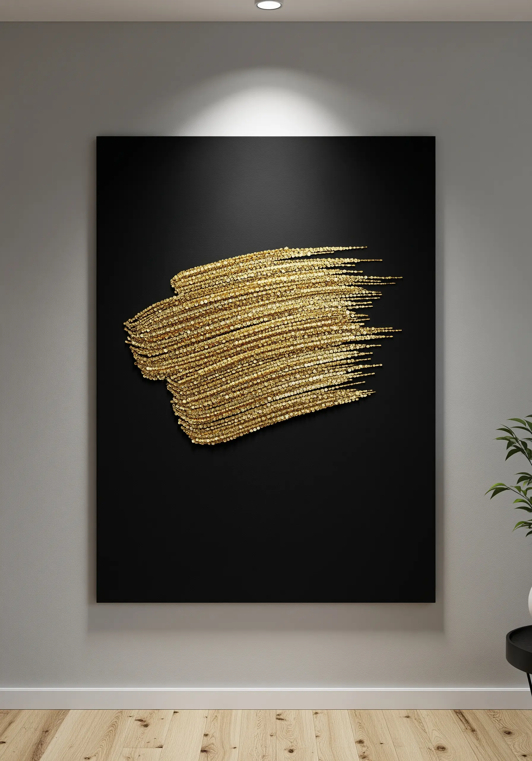 A large black canvas featuring a thick, textural brushstroke of gold embroidery.