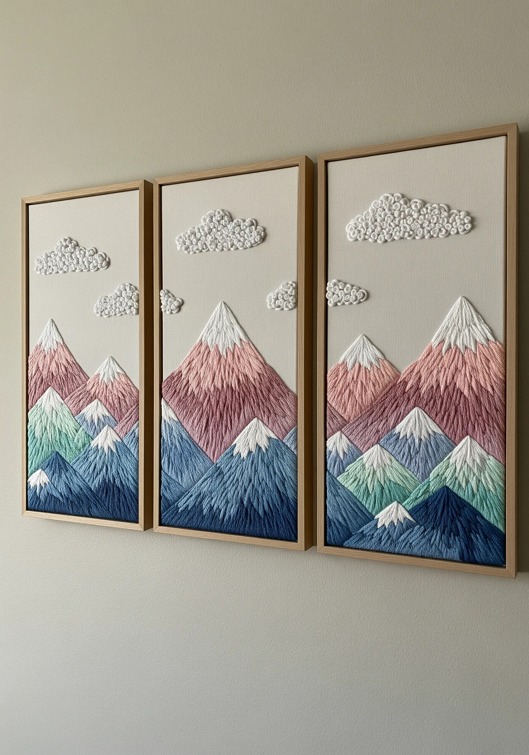 A triptych of framed embroidery showing mountain landscapes created with thread painting.
