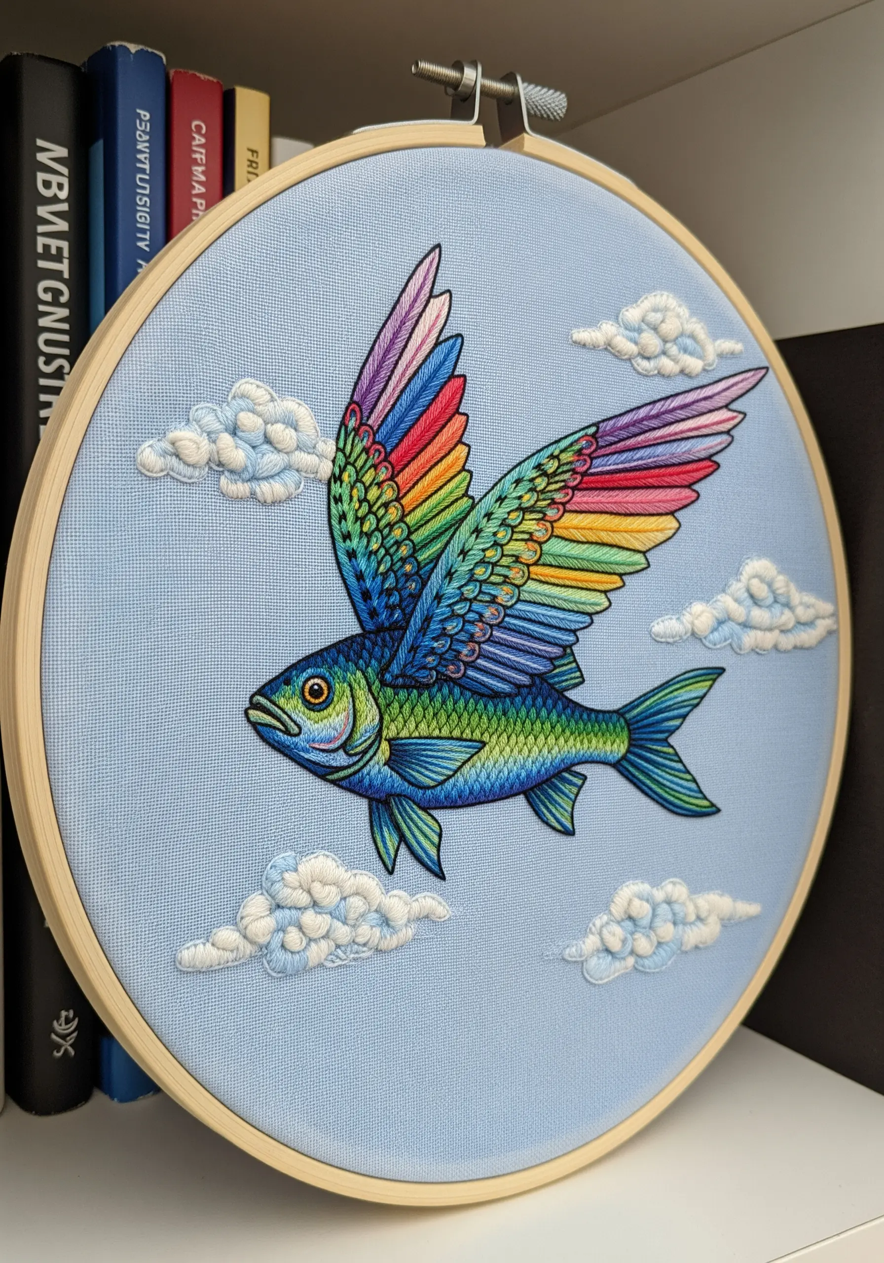 A surreal flying fish with vibrant, rainbow-colored wings stitched in long-and-short stitch.