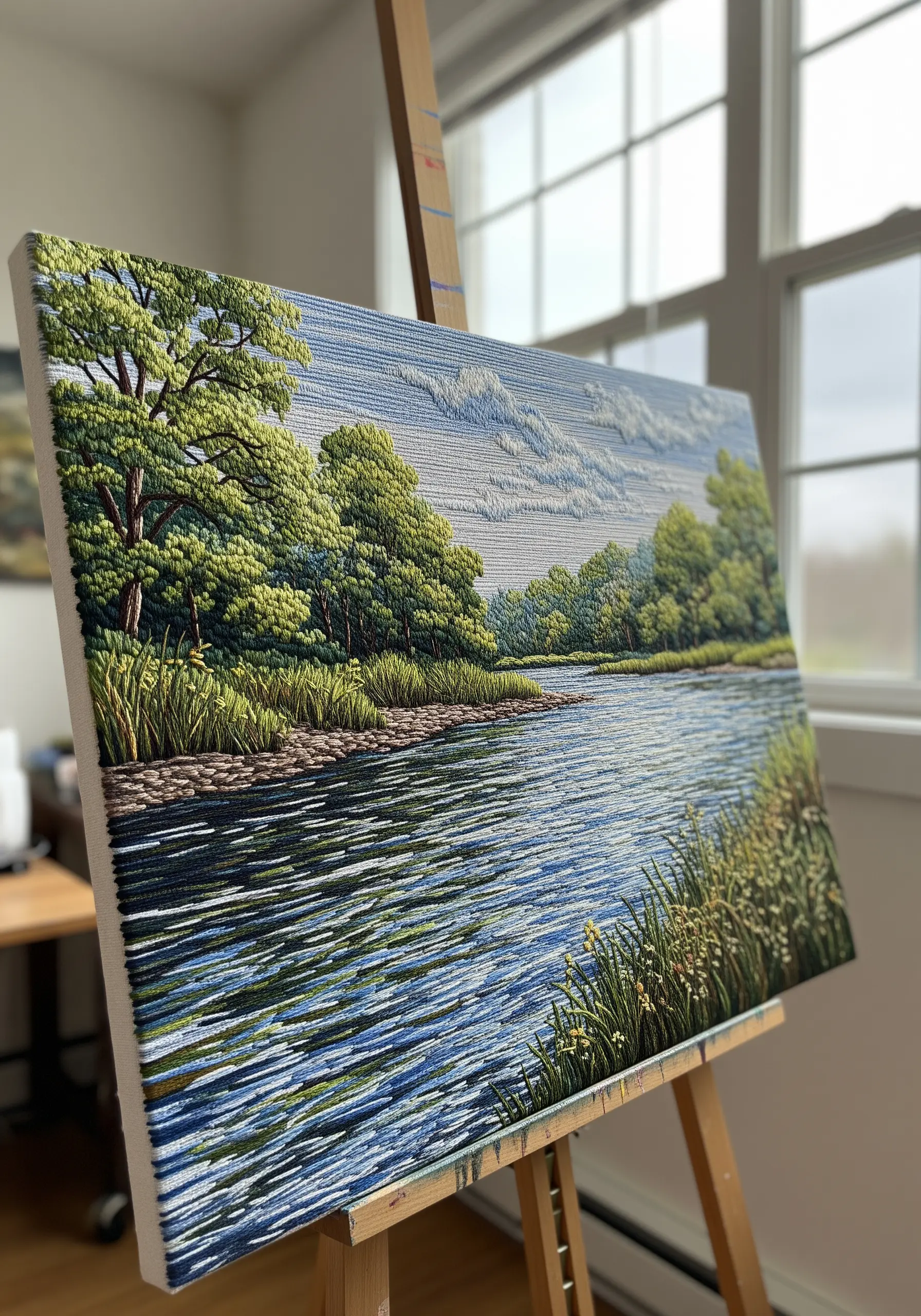 A detailed thread-painted landscape of a river, trees, and cloudy sky on a stretched canvas.