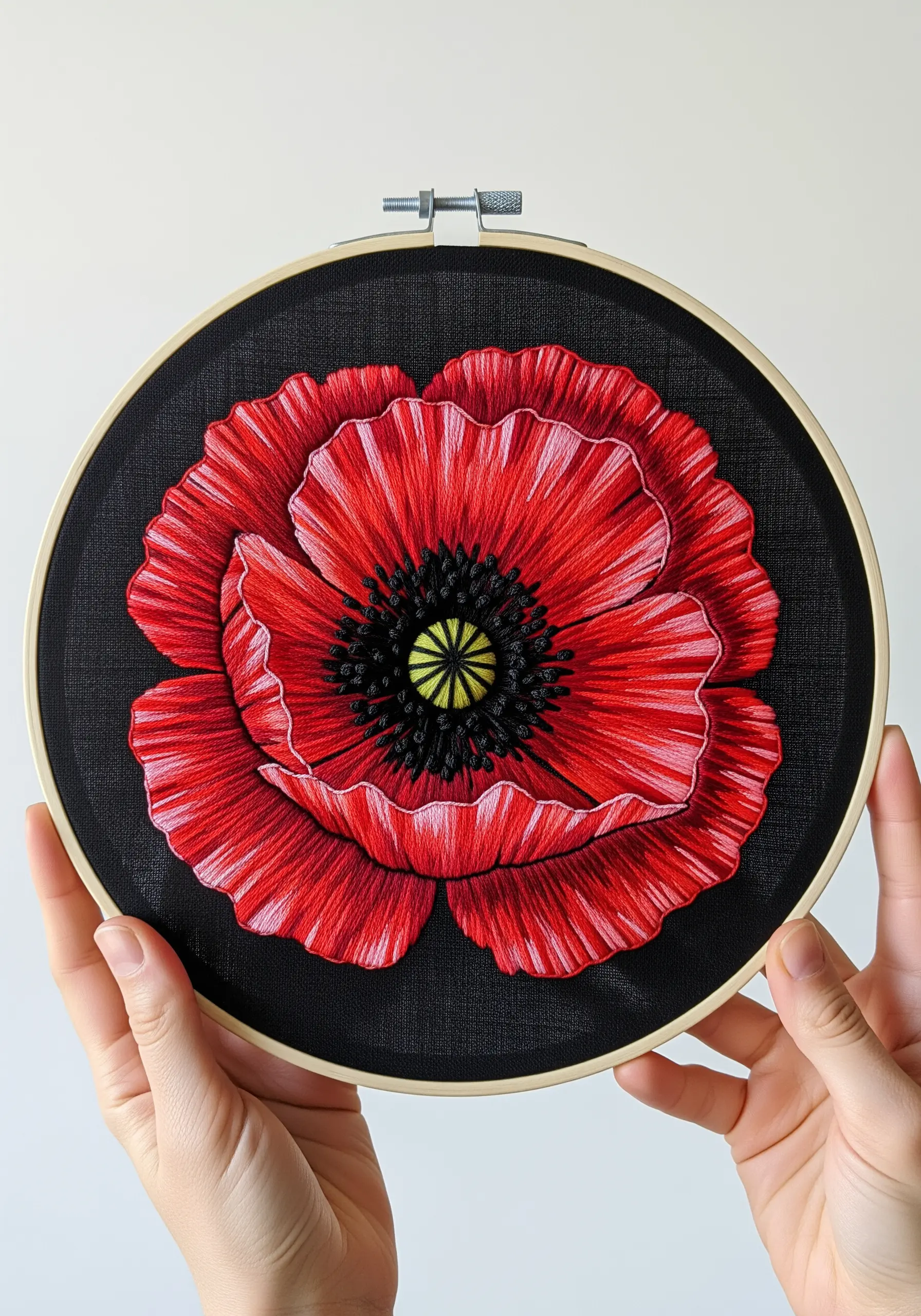 A hyperrealistic red poppy embroidered using thread painting on black fabric.