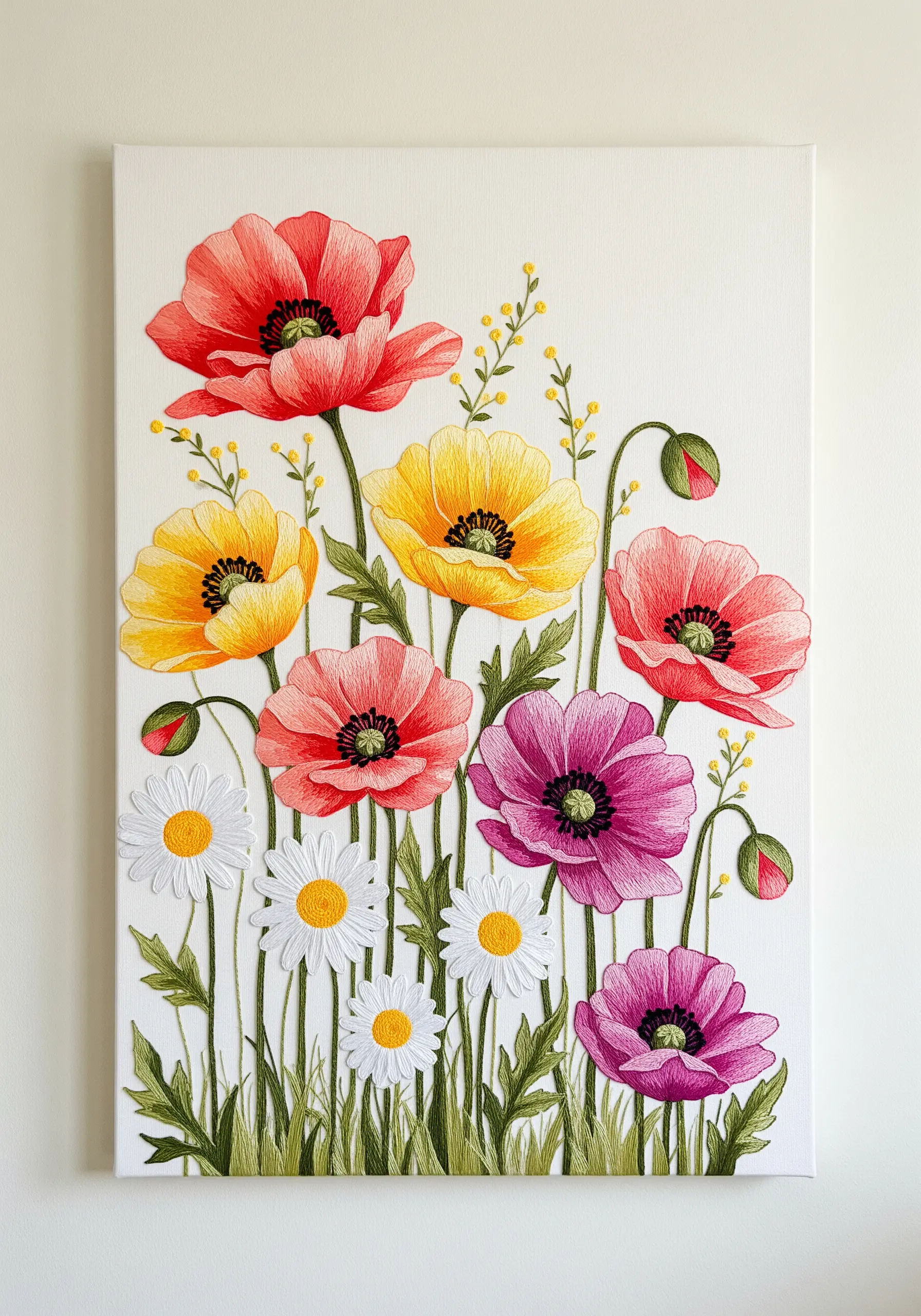 A stretched canvas filled with realistic, thread-painted poppies and daisies in vibrant colors.