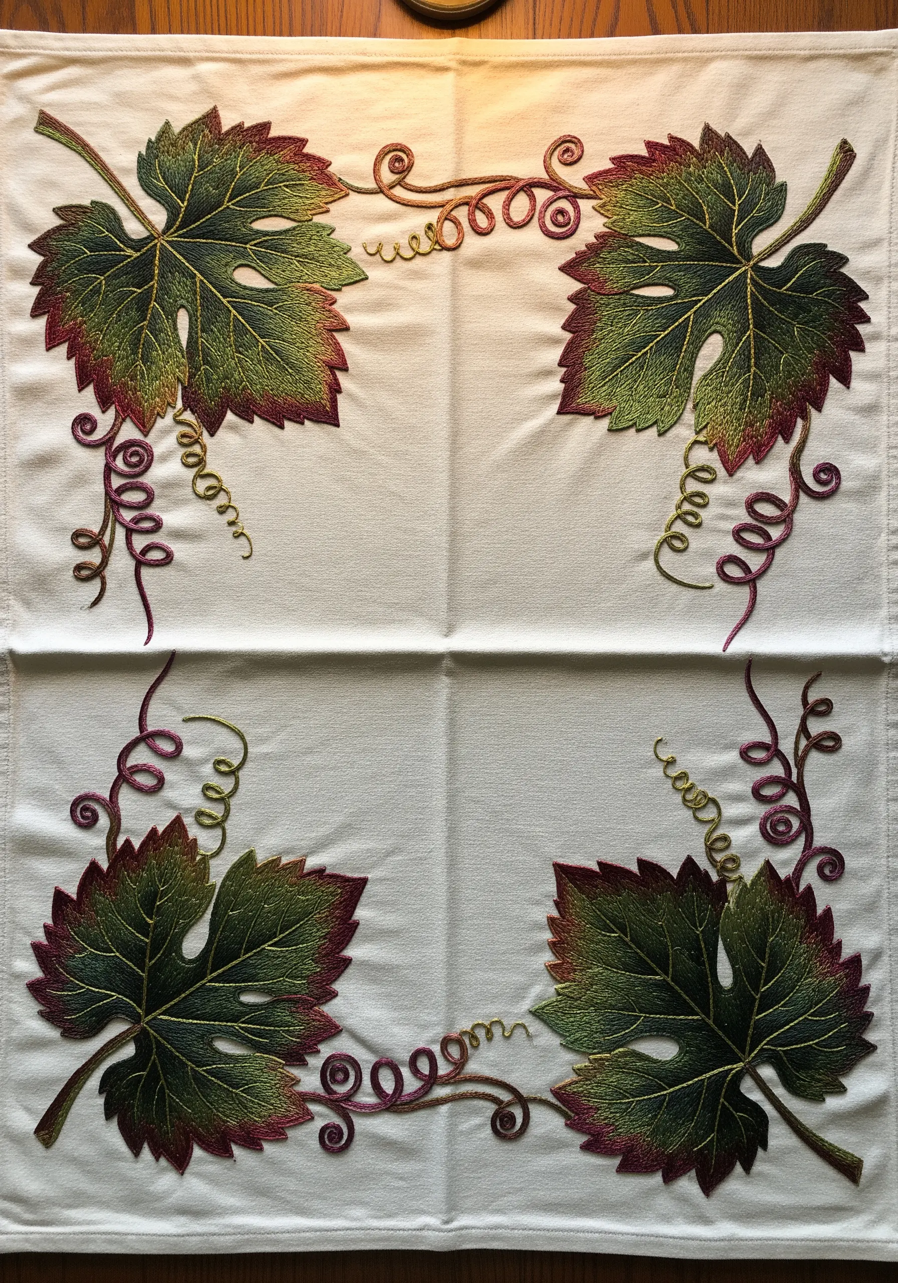 Detailed embroidered grape leaves with red edges and curling tendrils on a white napkin.
