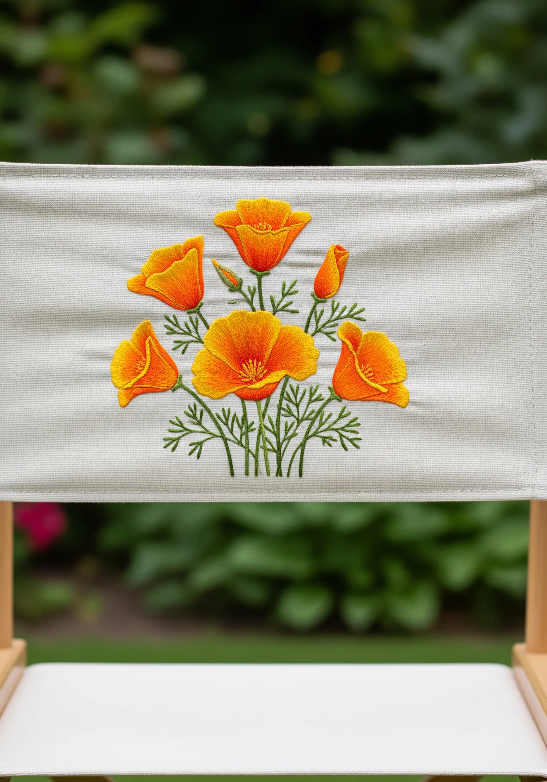 A bouquet of vibrant orange California poppies embroidered on the back of a canvas director's chair.