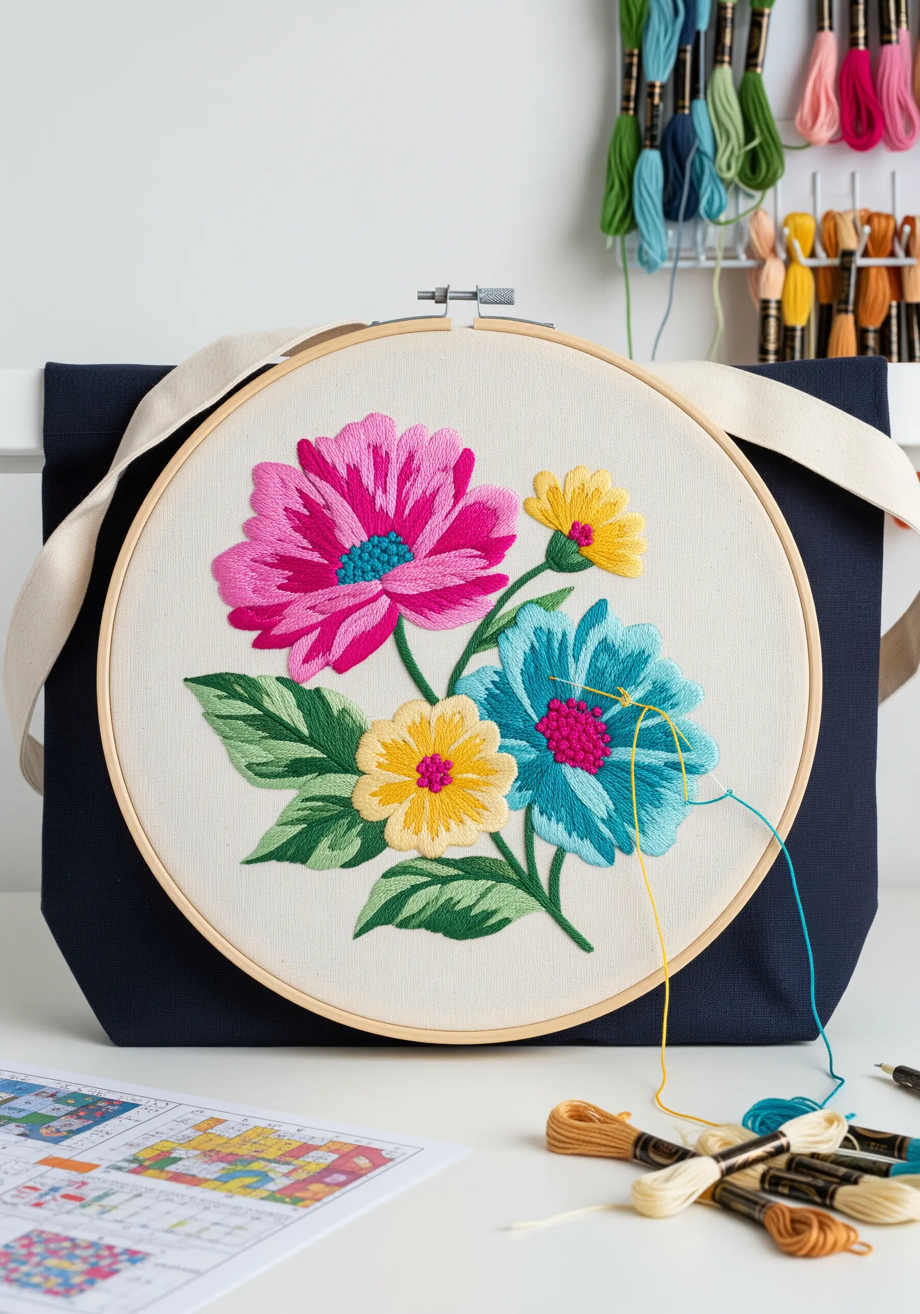 A large embroidery hoop on a navy tote bag, featuring a vibrant floral design in pink, blue, and yellow.