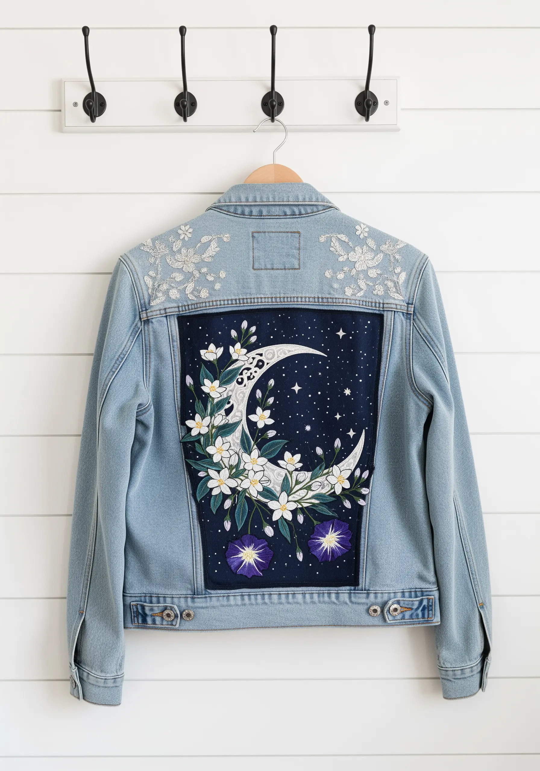 Denim jacket with a large embroidered and painted back panel of a crescent moon and white flowers.