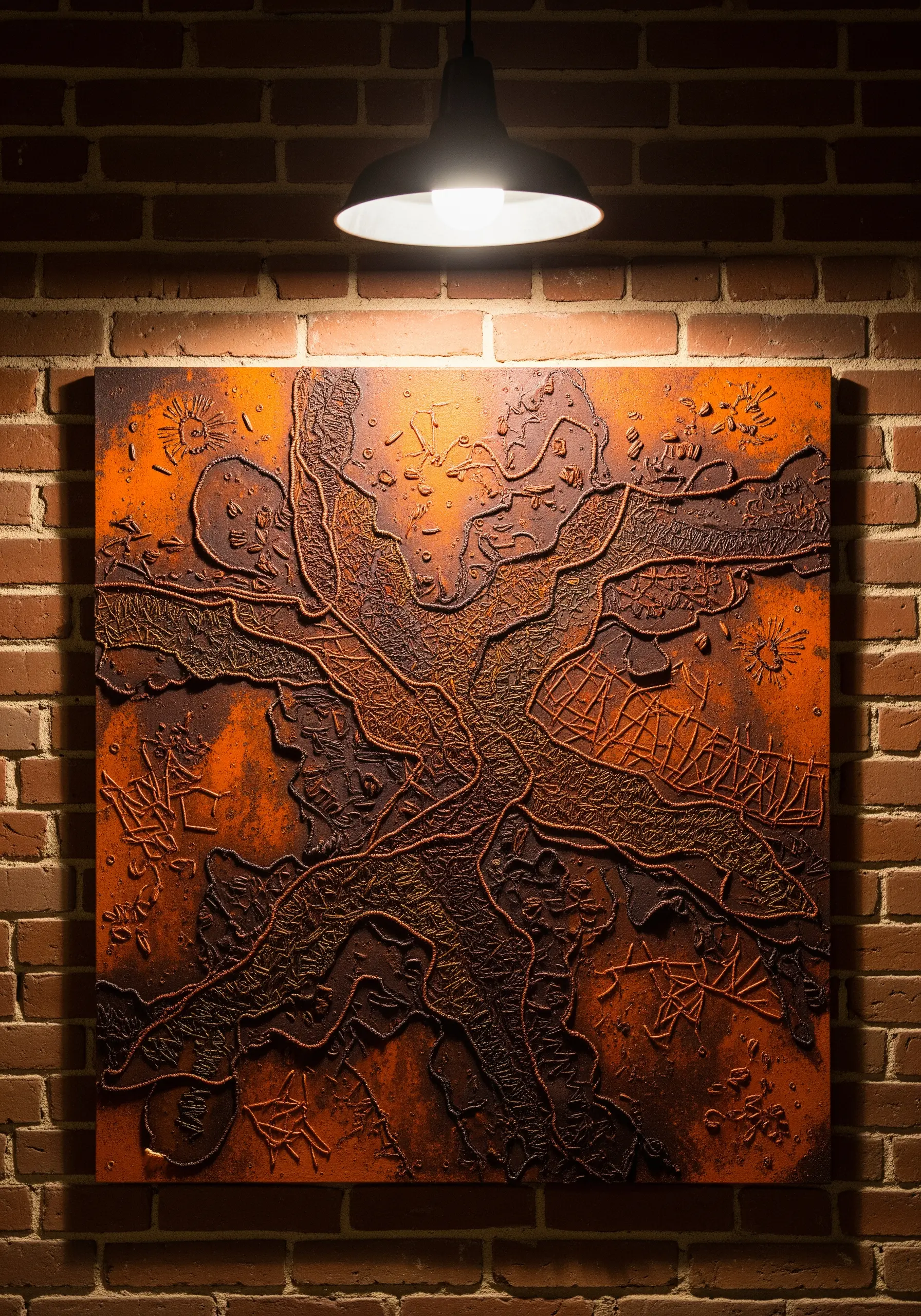 A textured, rust-colored abstract embroidery piece with raised cord and thread on a painted canvas.