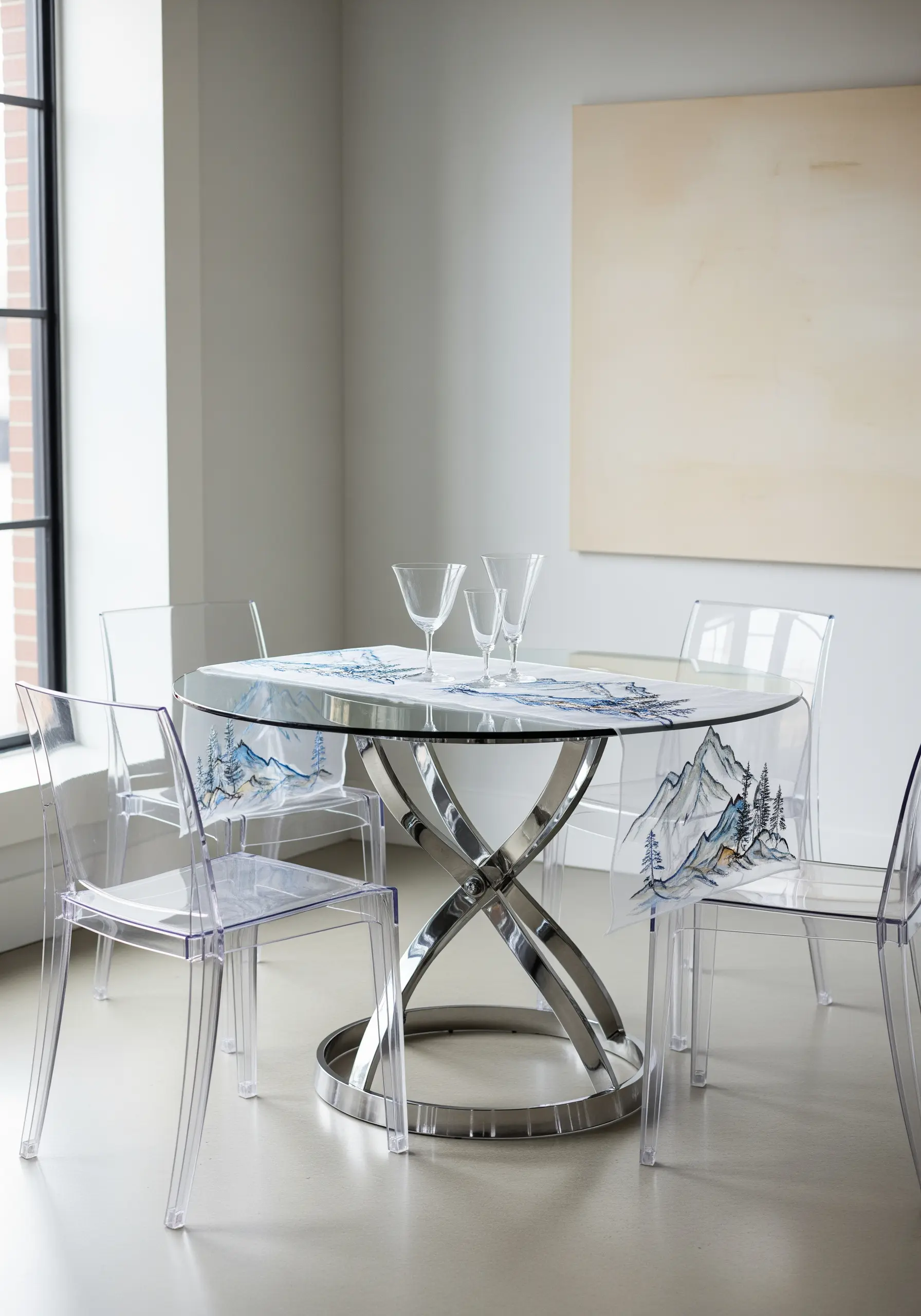A mountain landscape scene embroidered on a sheer, transparent table runner