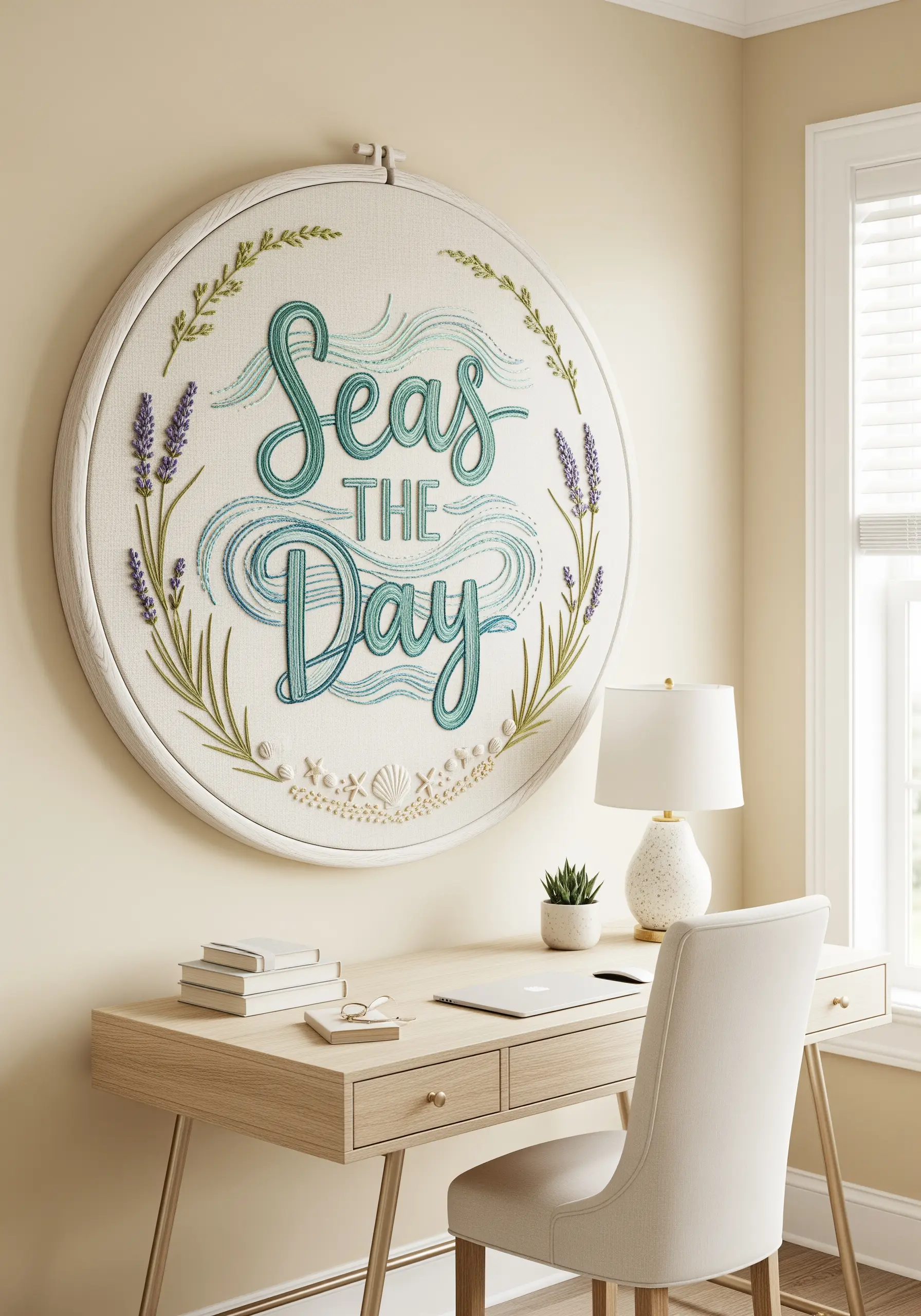 Coastal-themed embroidery with the phrase 'Seas The Day' stitched in wavy letters.