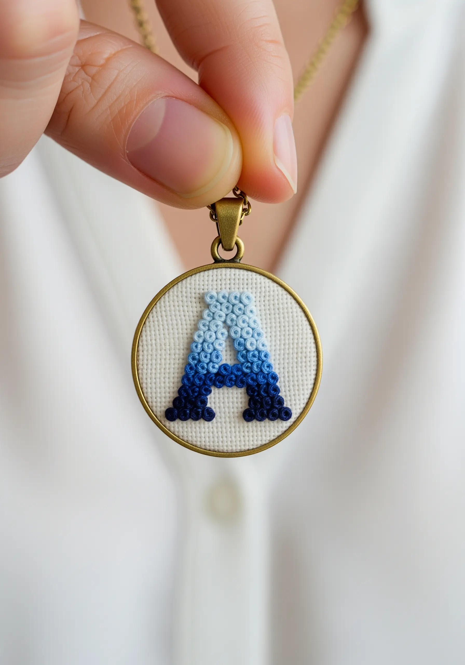 A close-up of an embroidered pendant with the letter 'A' filled with a gradient of blue French knots.