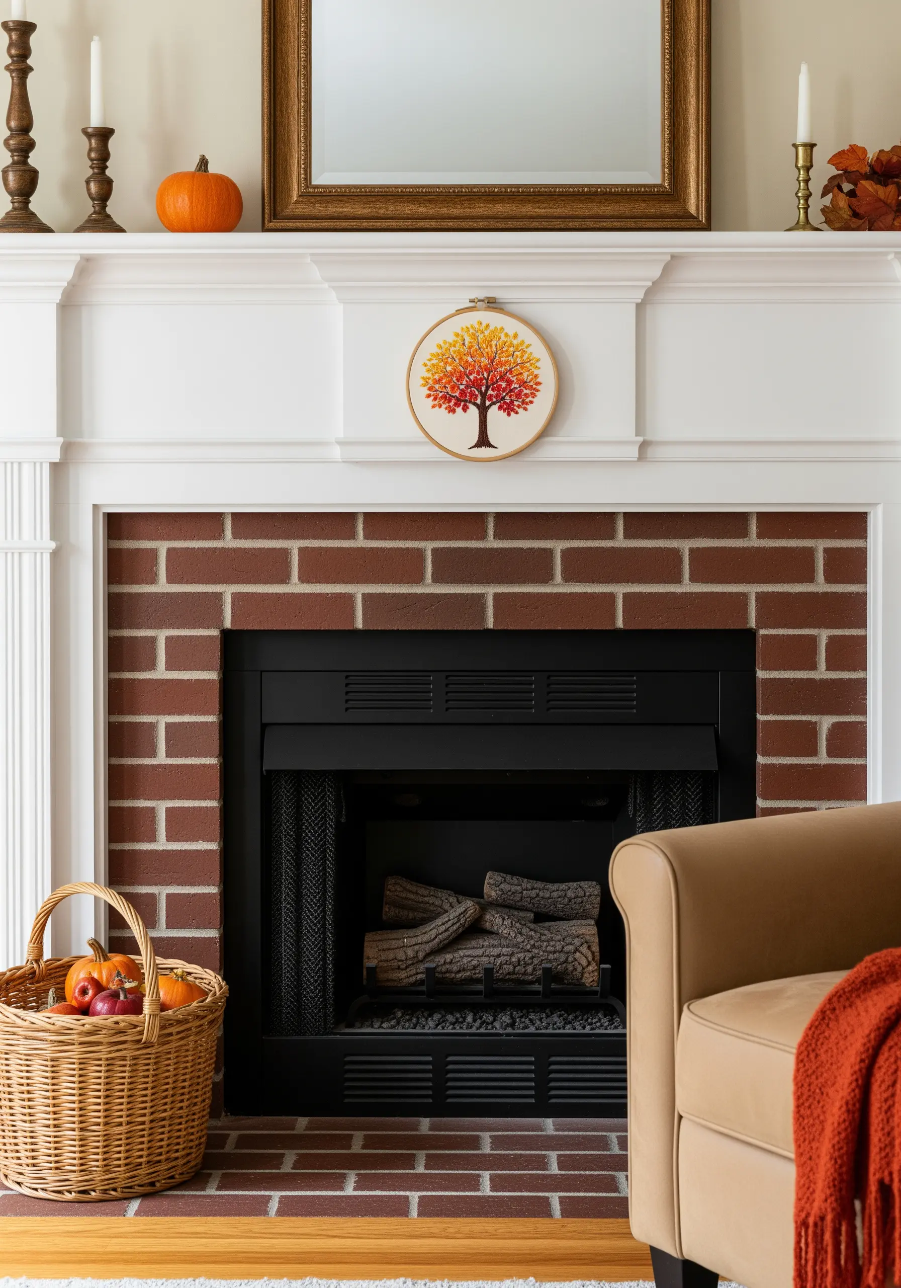 An autumn tree with a canopy made of colorful French knots, centered on a mantelpiece.