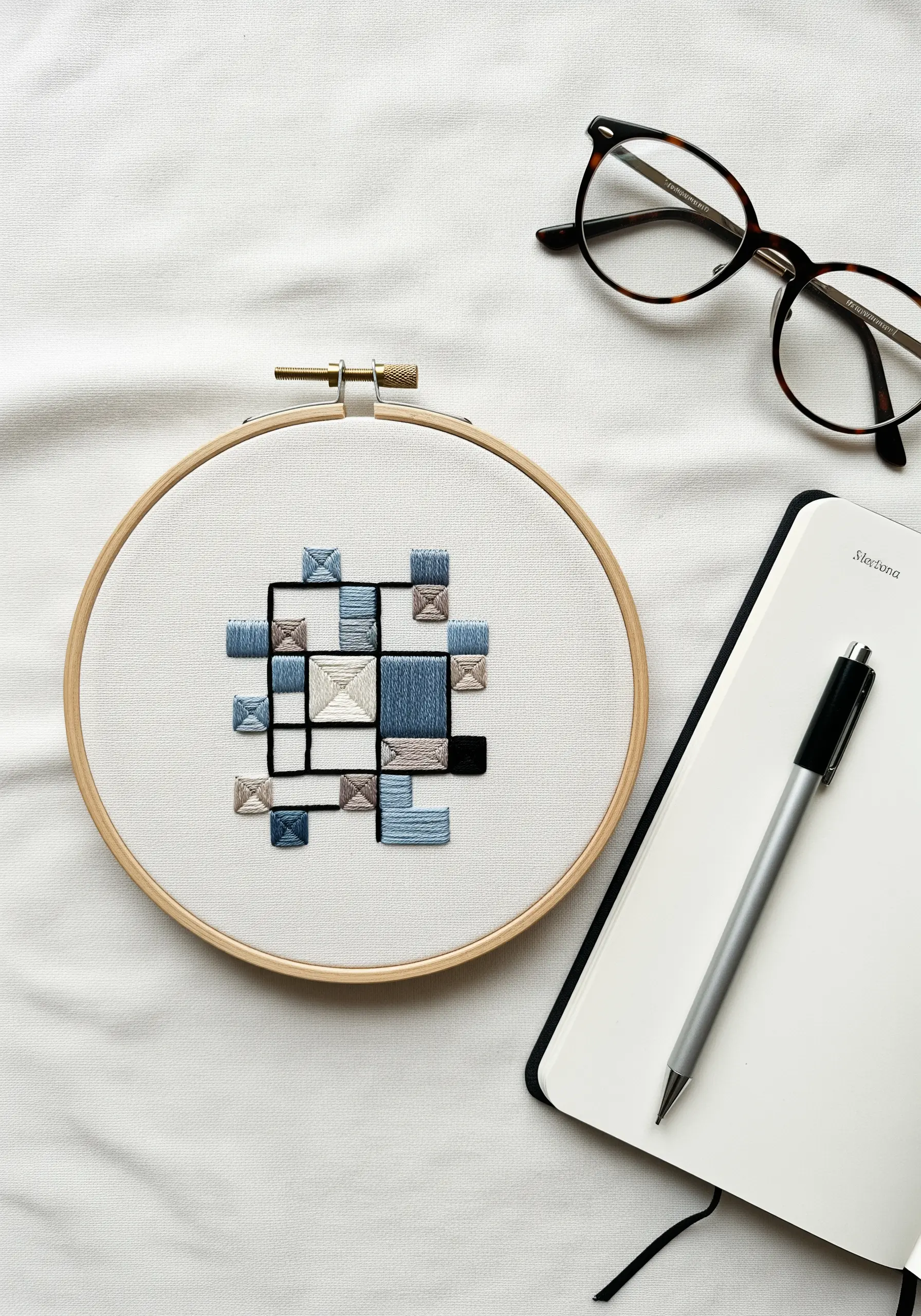 A Mondrian-inspired grid of squares filled with long-and-short stitch in muted blues and grays.