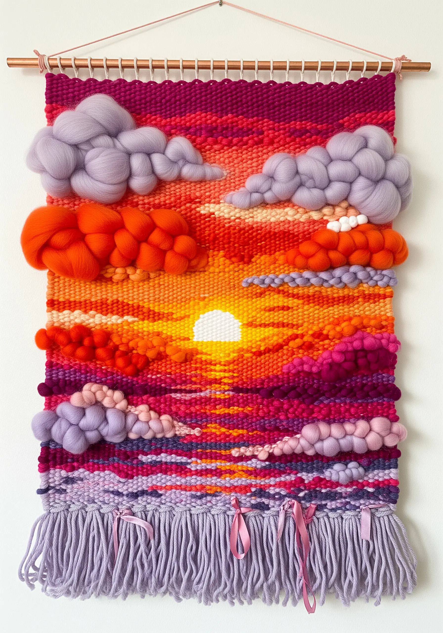 Woven sunset tapestry with fluffy 3D clouds made from purple and orange wool roving.