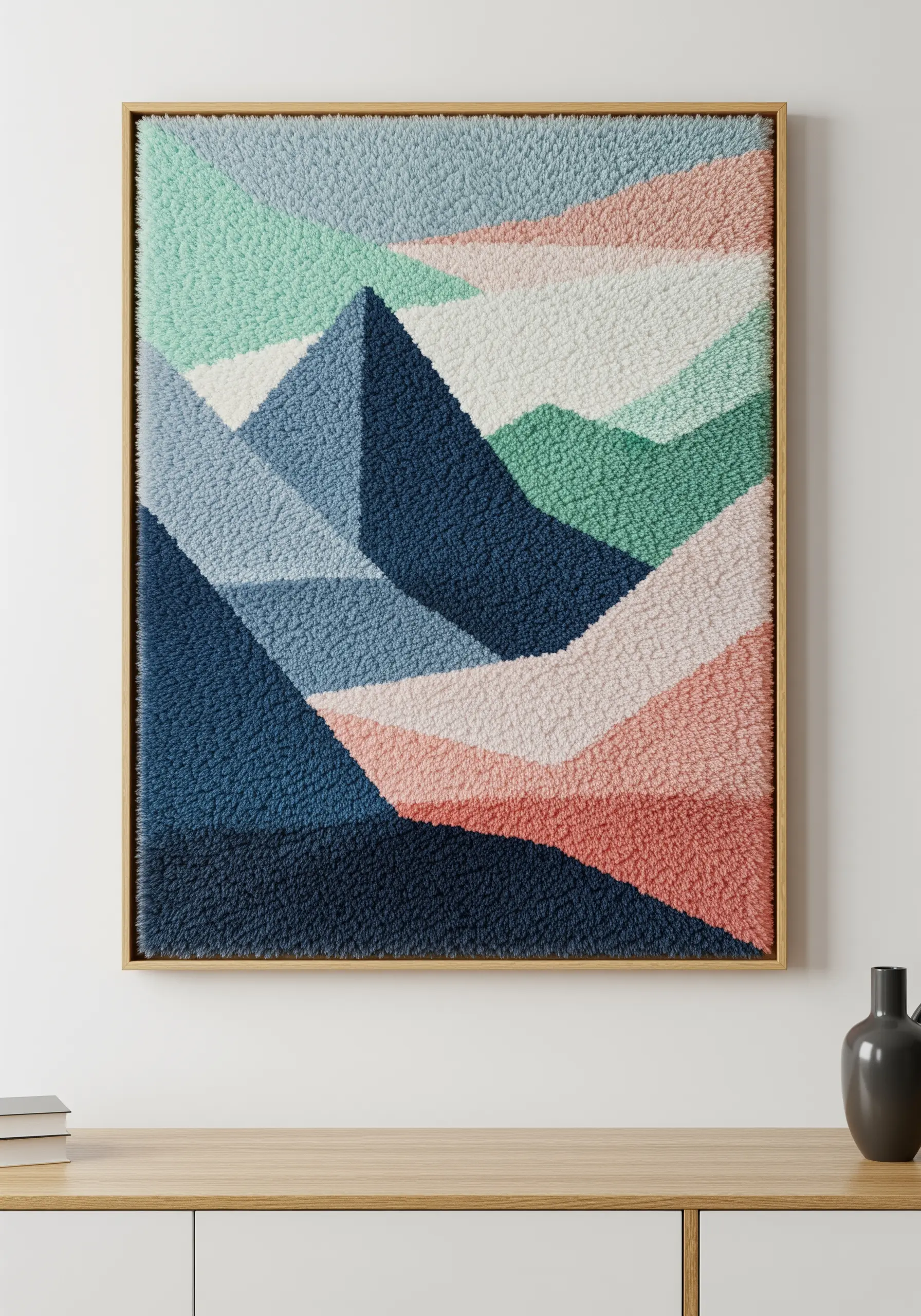 Framed punch needle art of a geometric mountain range in shades of blue, green, and pink.