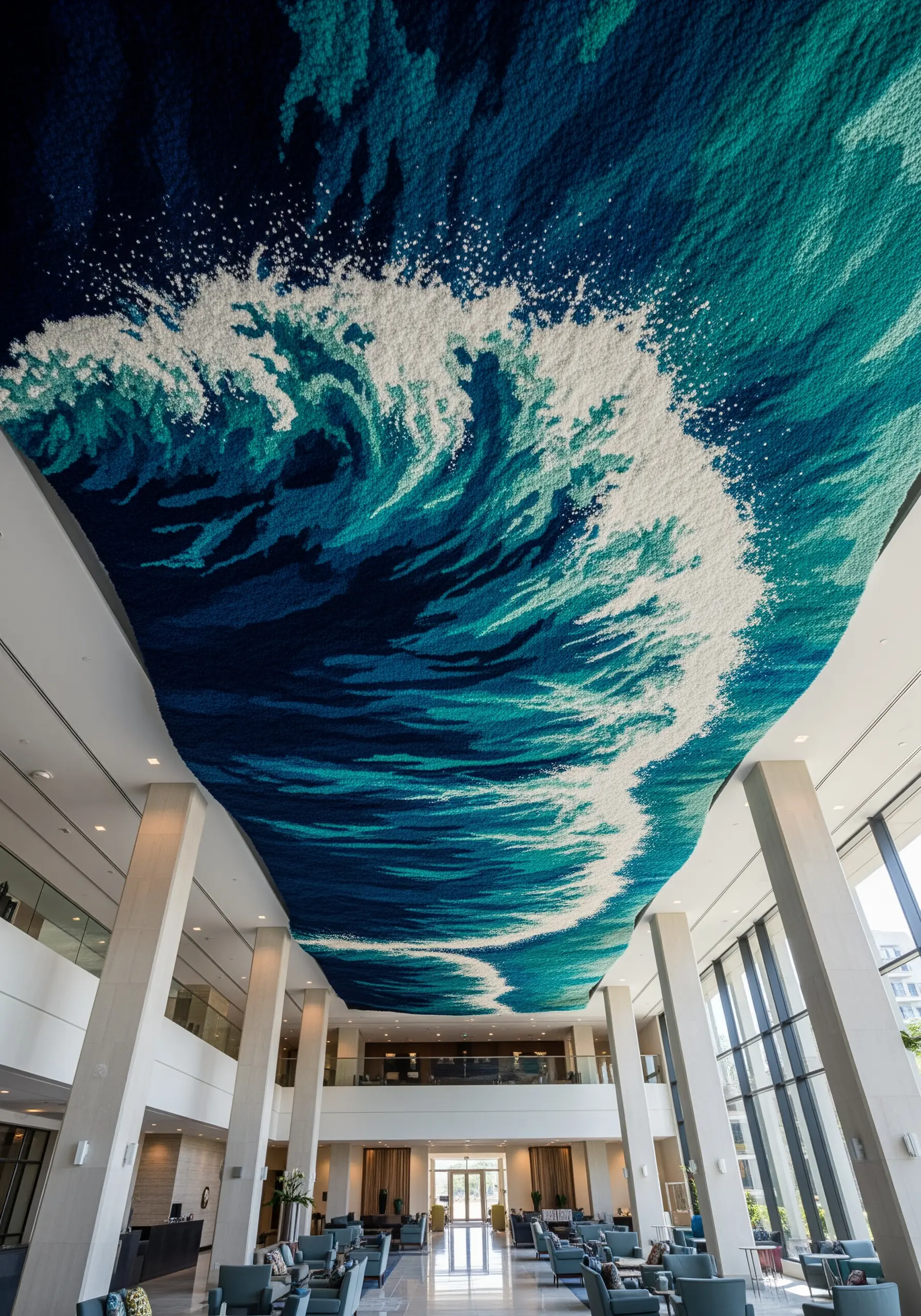 A colossal tapestry of a breaking ocean wave made of yarn, covering an entire hotel lobby ceiling.