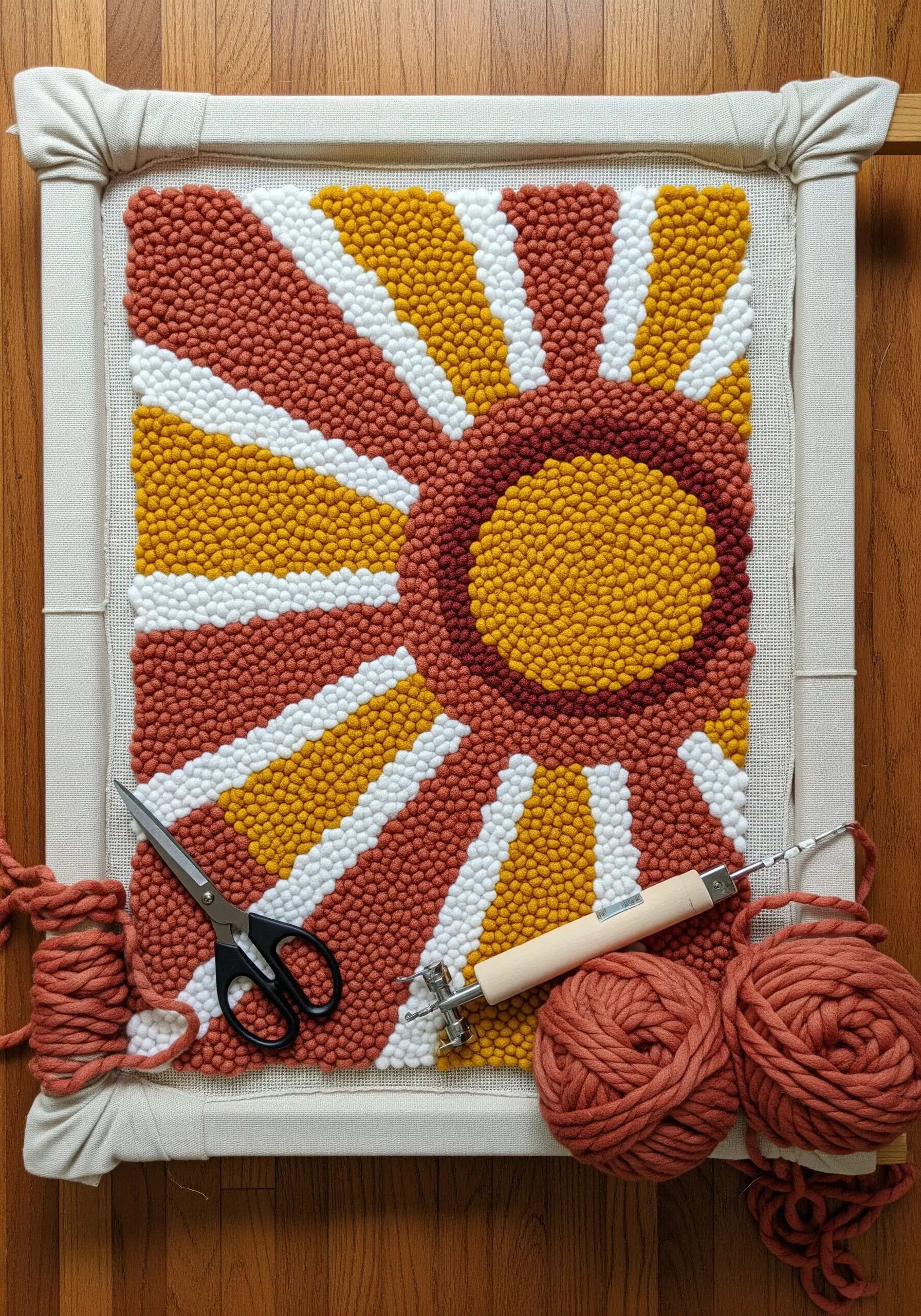 A punch needle project in progress, showing a vibrant sunburst design in warm colors
