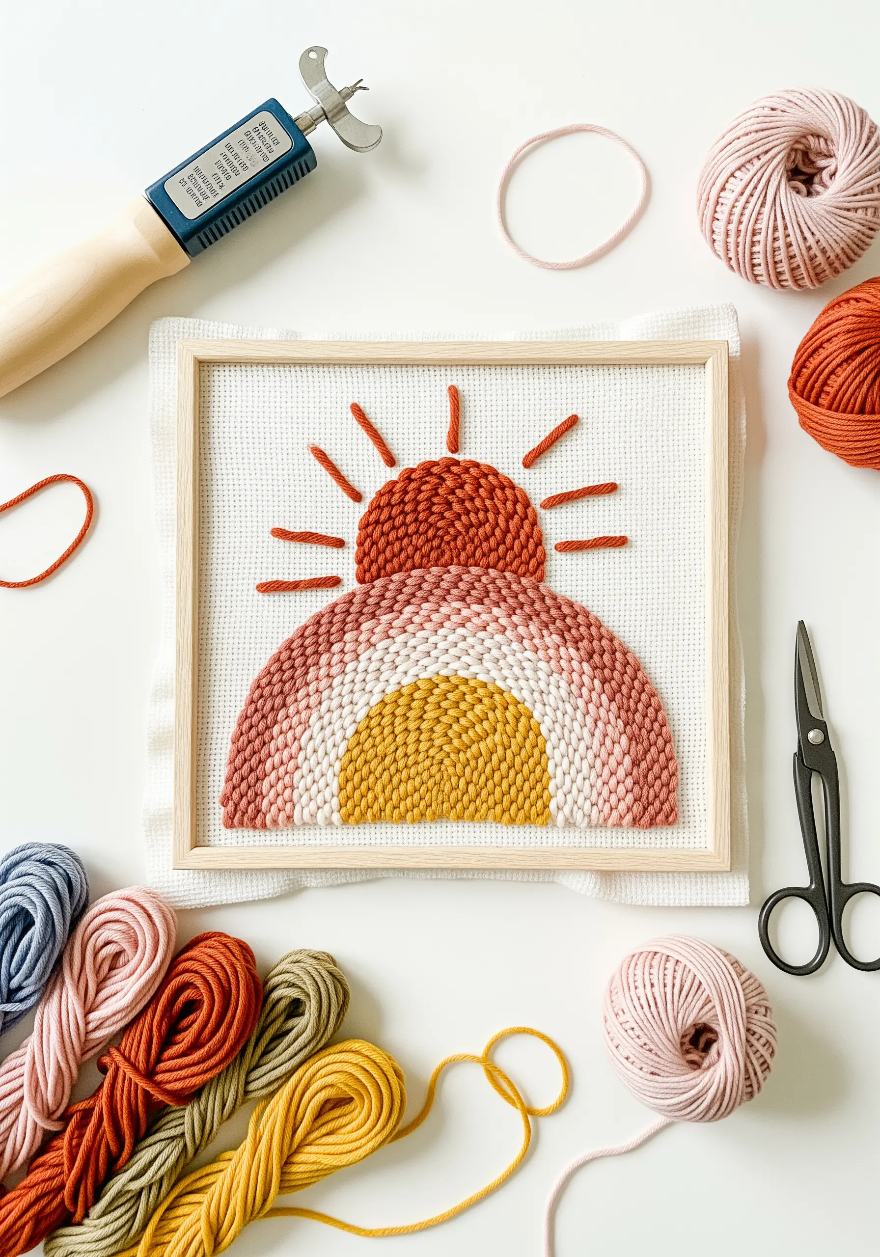 A framed punch needle piece of a rising sun and rainbow, with colorful yarns arranged nearby.