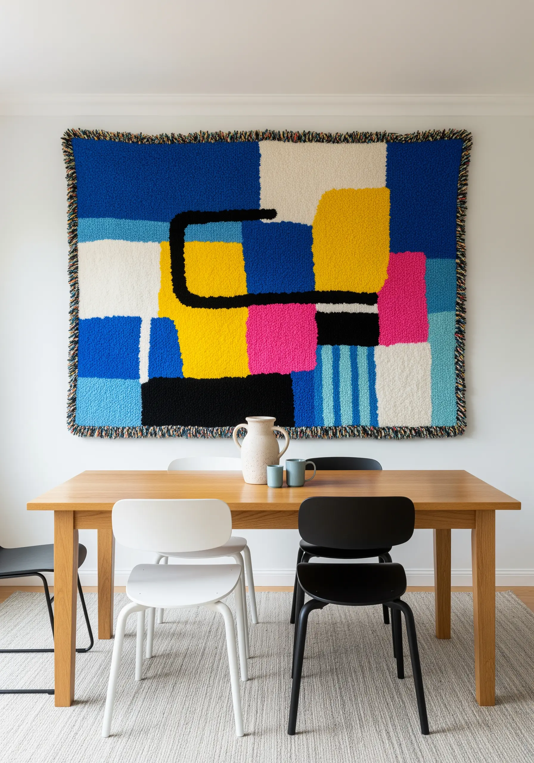 A large, tufted wall hanging featuring abstract color blocks in blue, yellow, and pink.