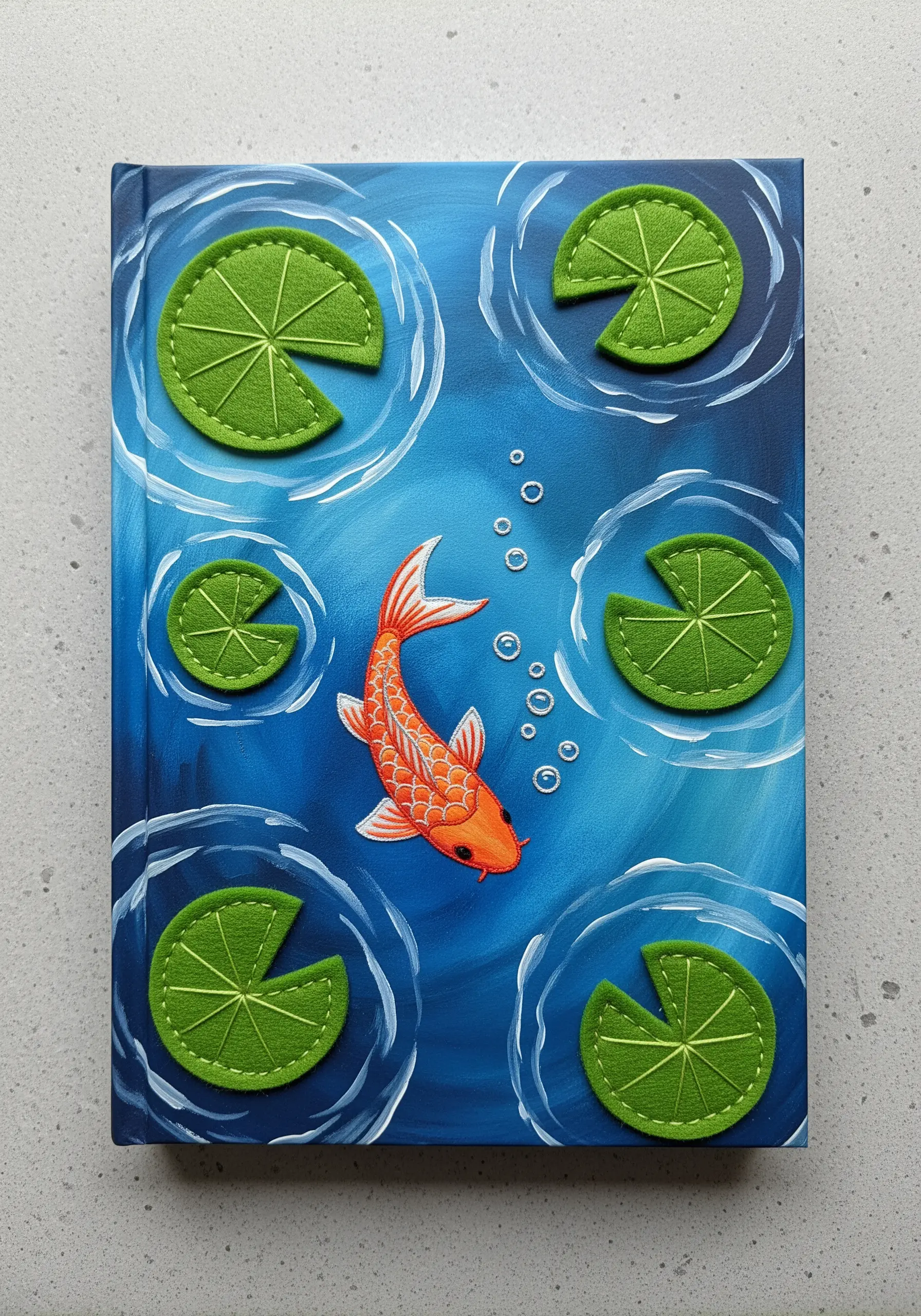 A painted koi pond on a journal cover with 3D green felt appliqué lily pads.
