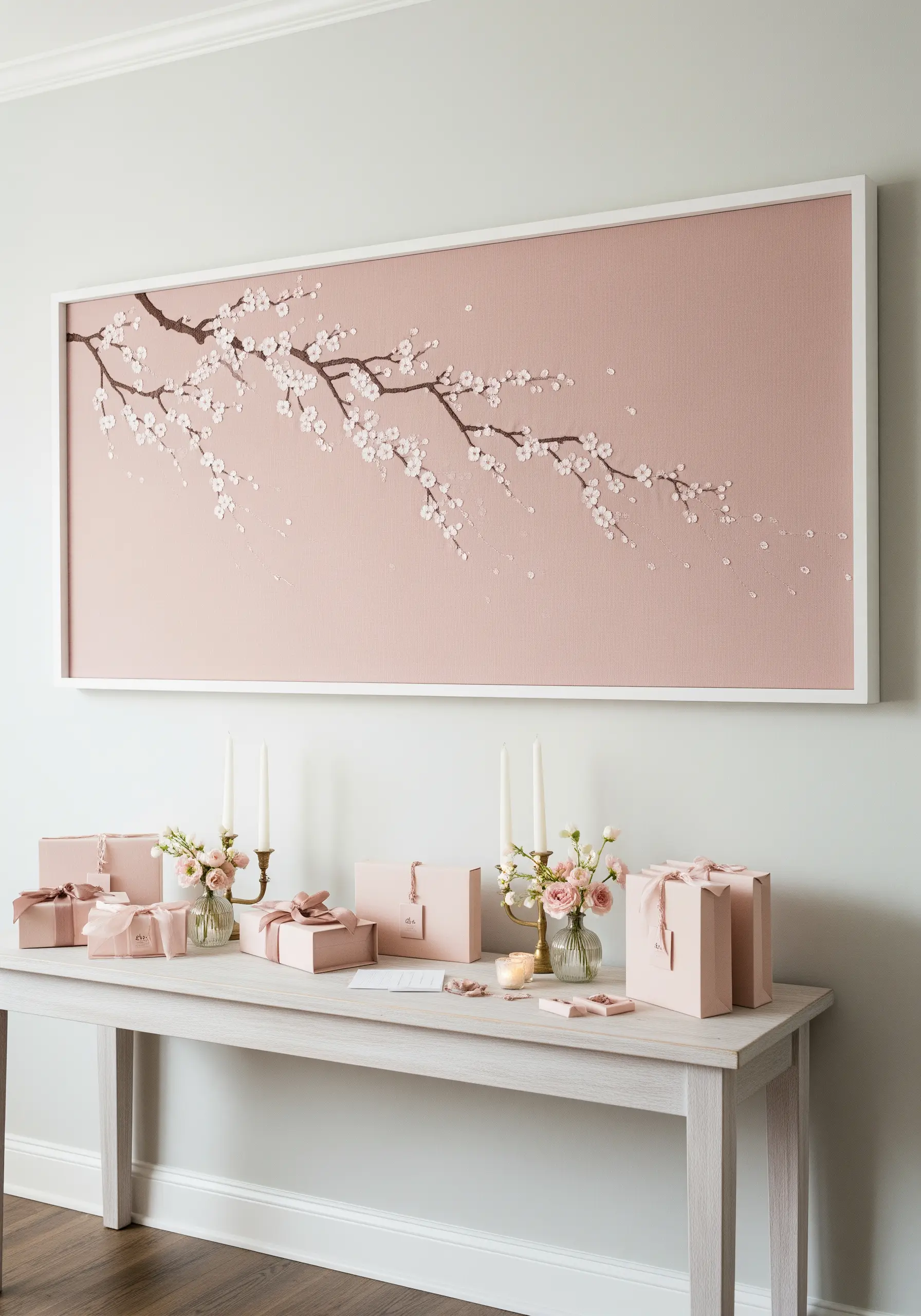A long, framed artwork of a cherry blossom branch on pink fabric, stitched with white knots.