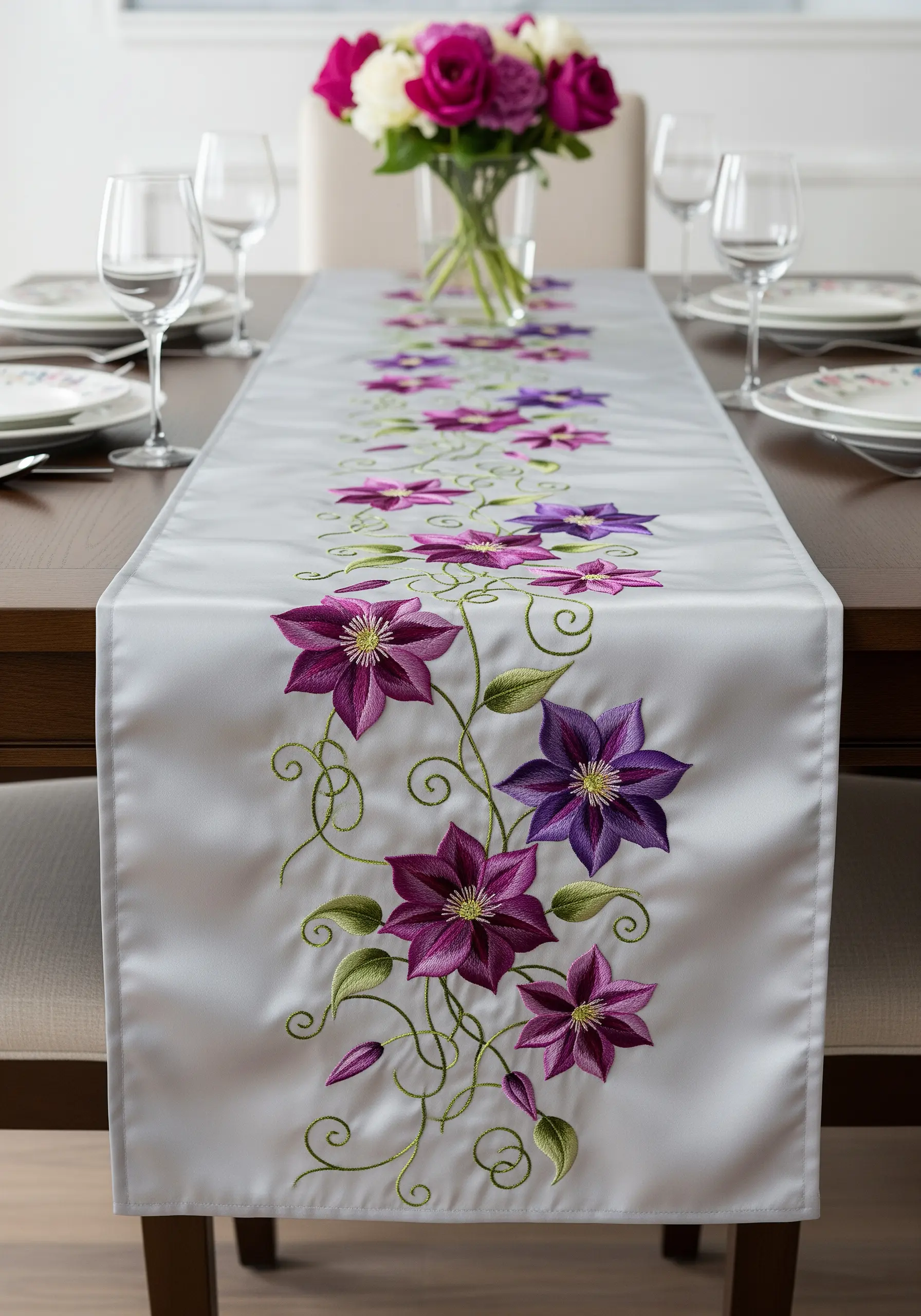 A table runner with vibrant purple and pink clematis flowers and green vines.