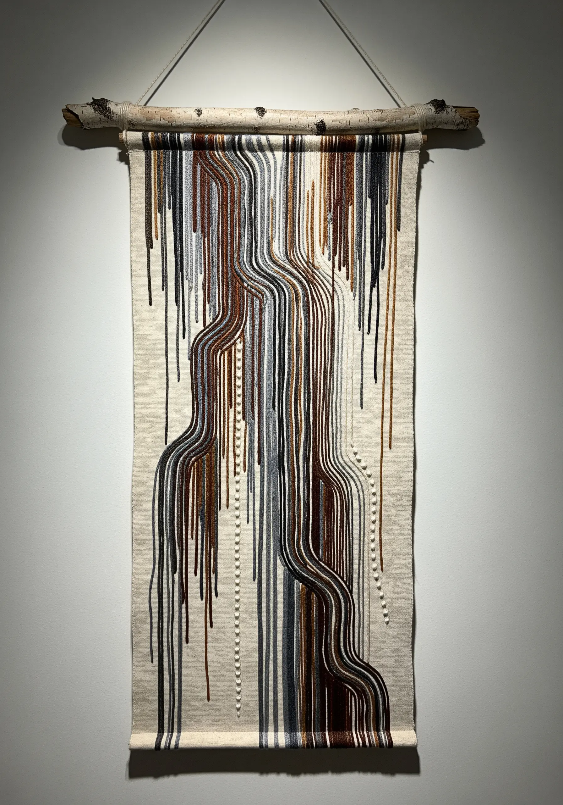 Abstract wall hanging with flowing vertical lines of couched yarn in earth tones.