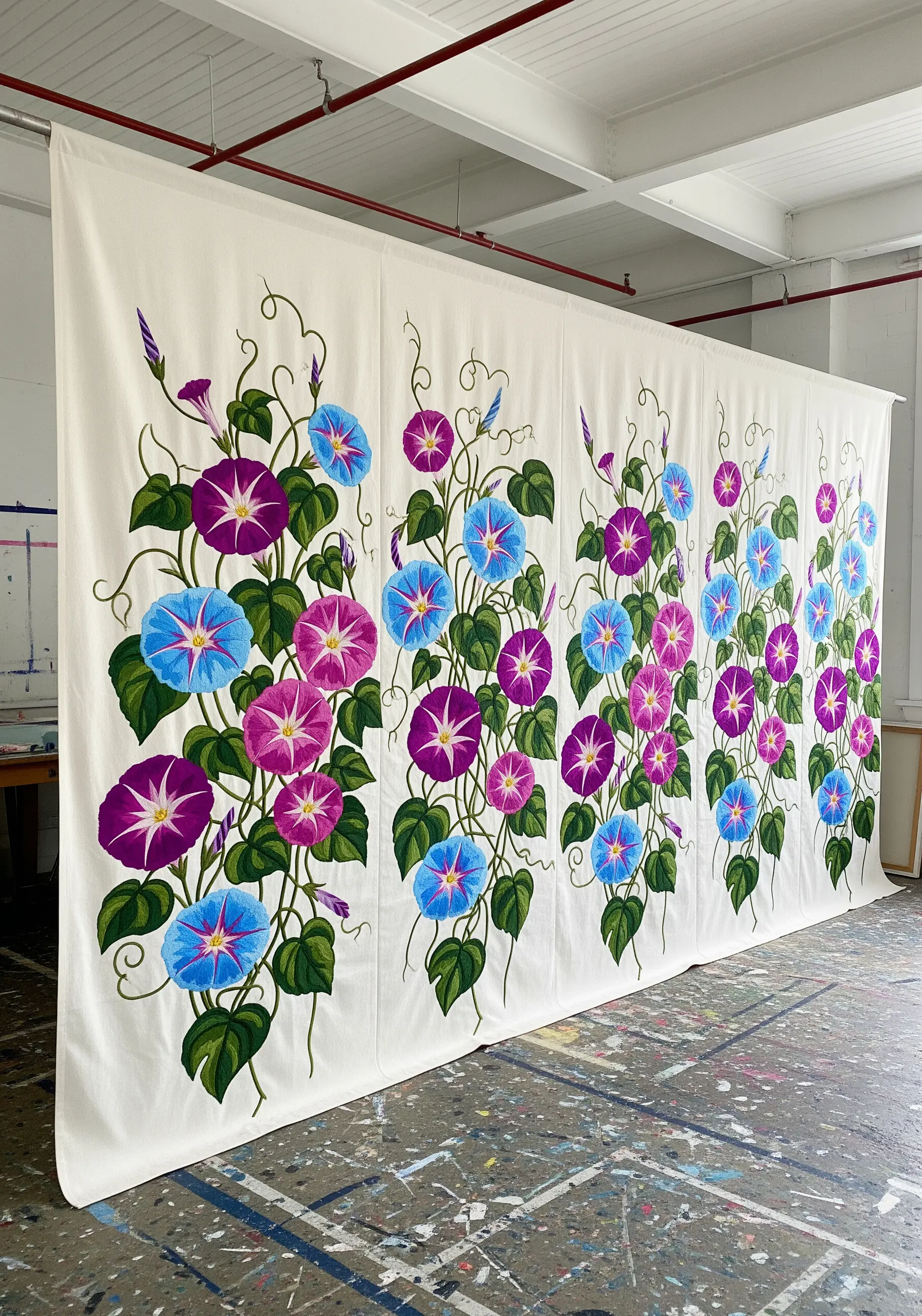 A large canvas room divider with brightly colored morning glory vine embroidery.
