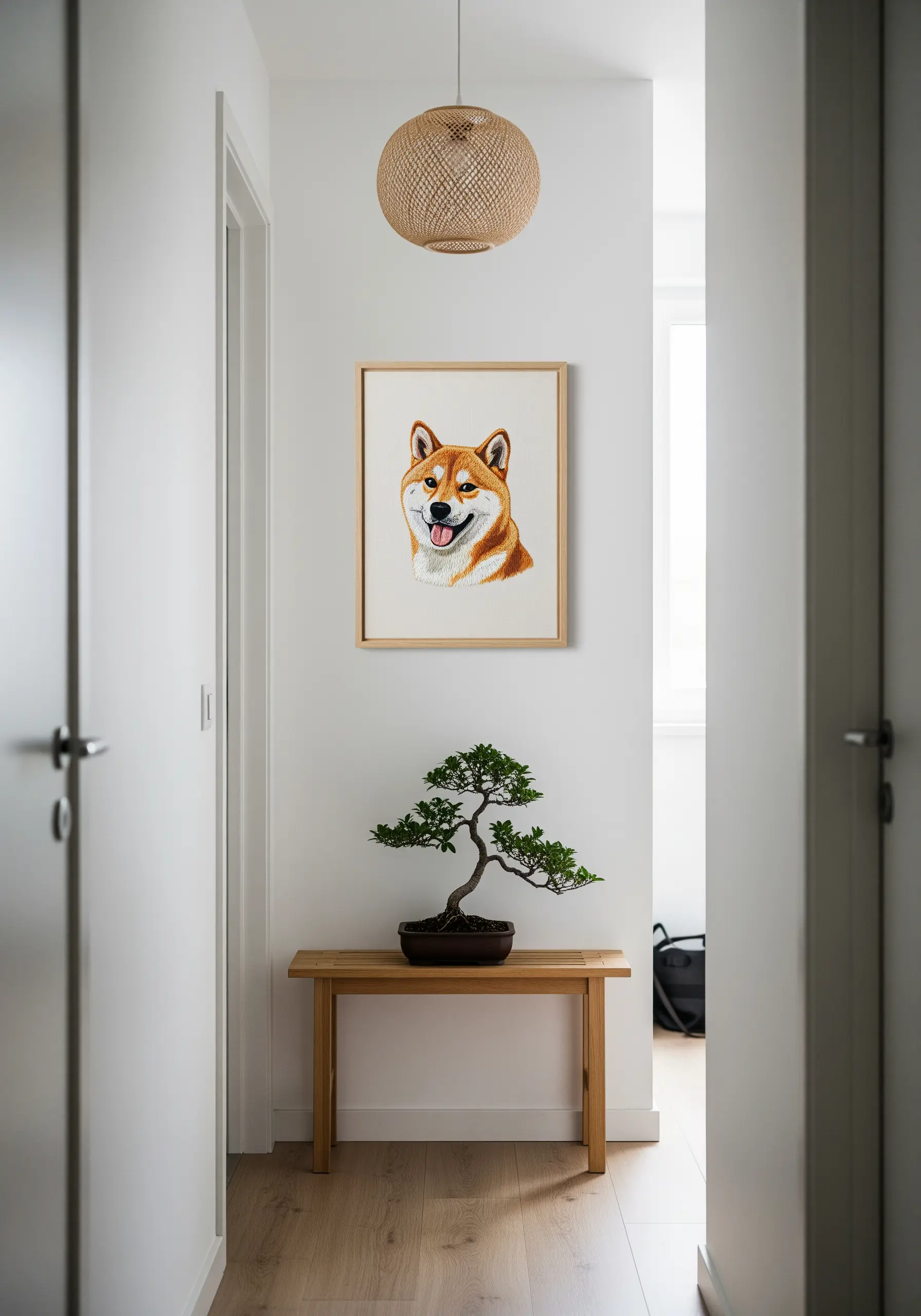 Realistic Shiba Inu embroidered portrait with painterly thread blending.