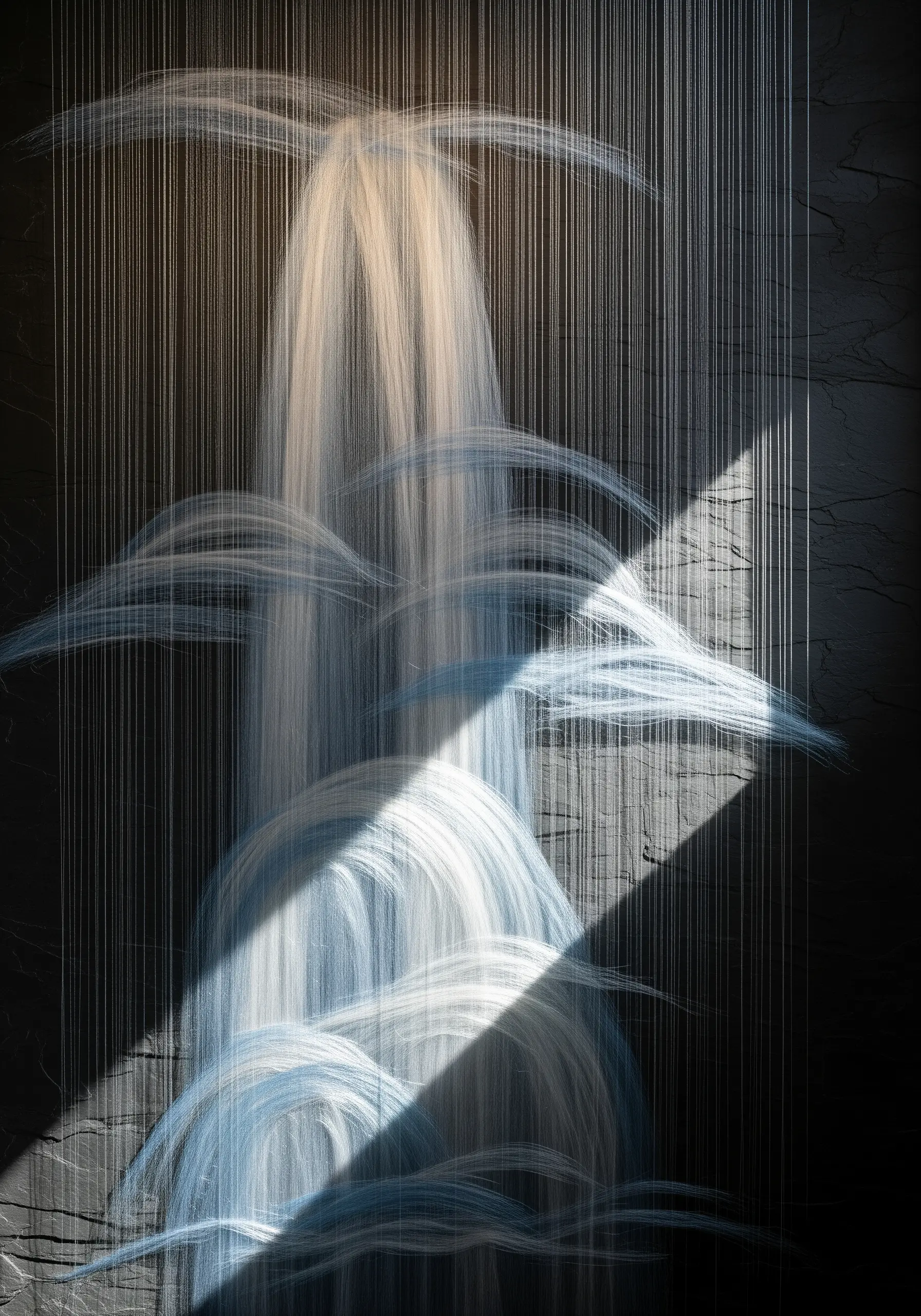 A thread installation depicting a waterfall, illuminated by a dramatic shaft of light.