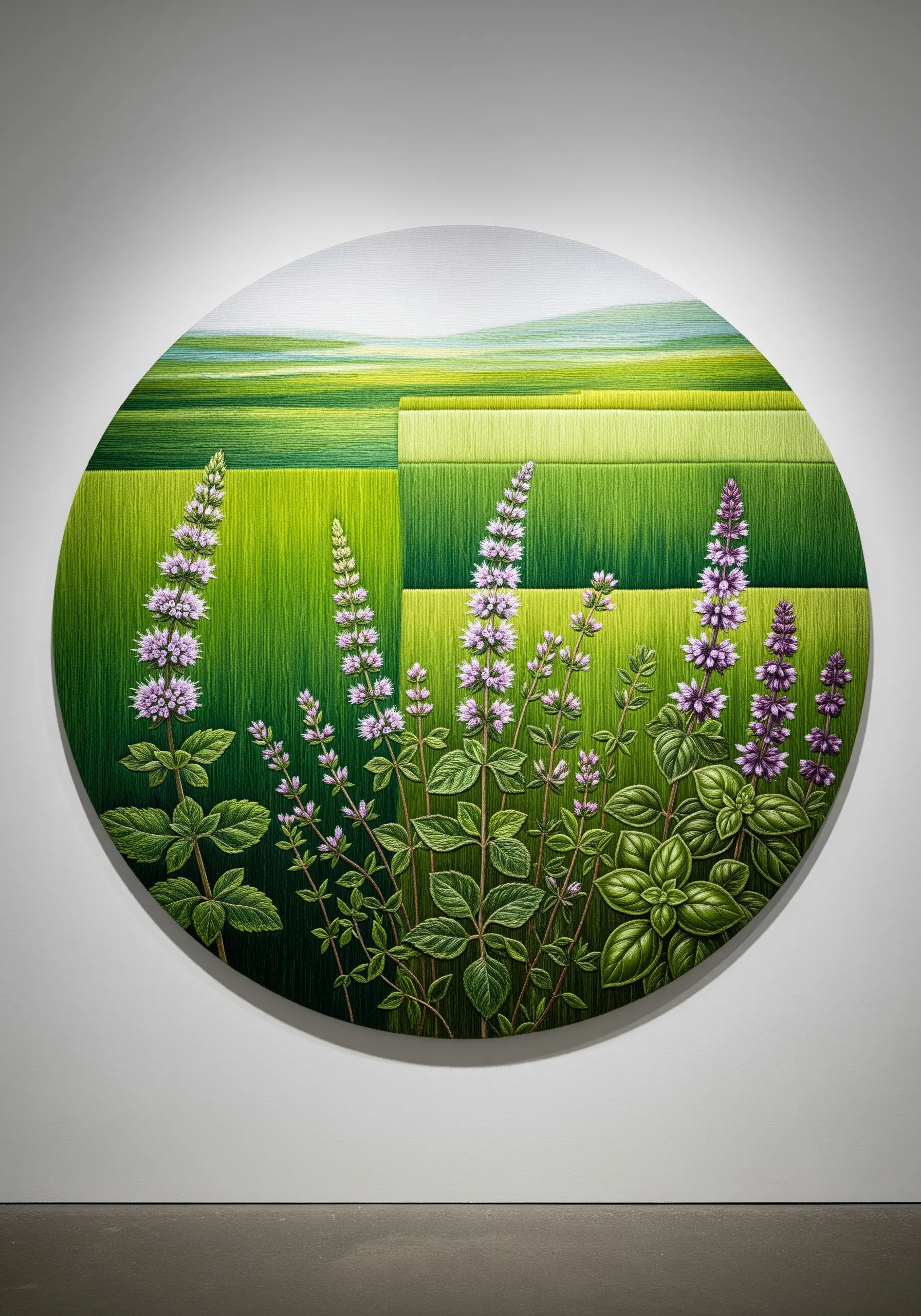 A large, circular embroidery artwork with realistic mint plants against an abstract green landscape.