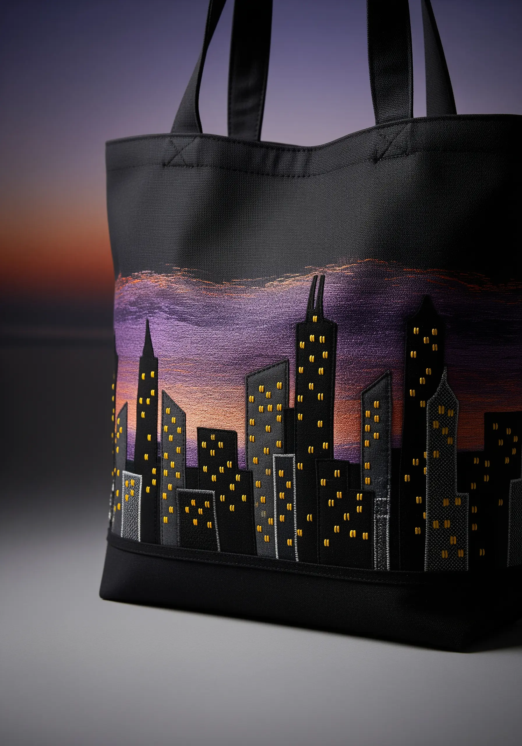 Embroidered cityscape at sunset with a gradient sky and illuminated windows on a black tote.