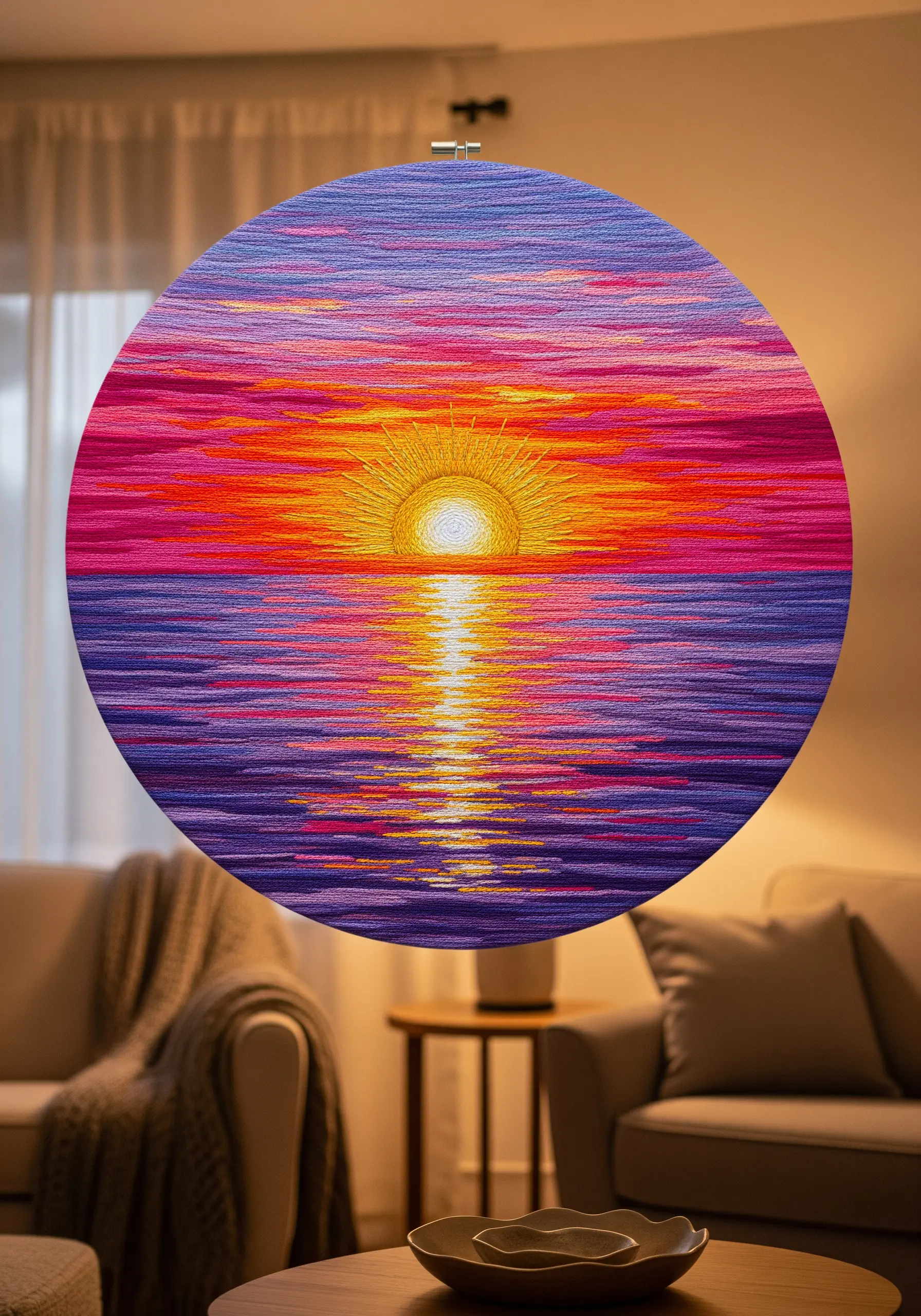 Embroidery hoop filled with a vibrant sunset over water, created with dense satin stitches.