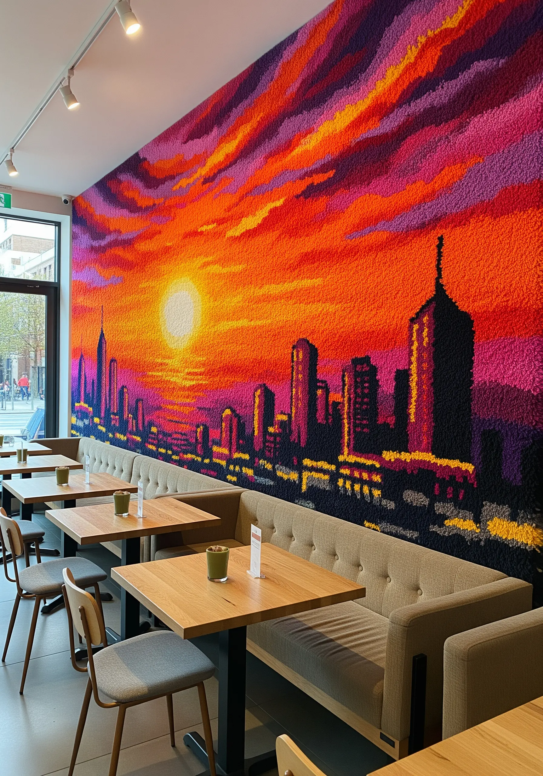 A vibrant wall mural of a city sunset, created with dense punch needle or tufted yarn.
