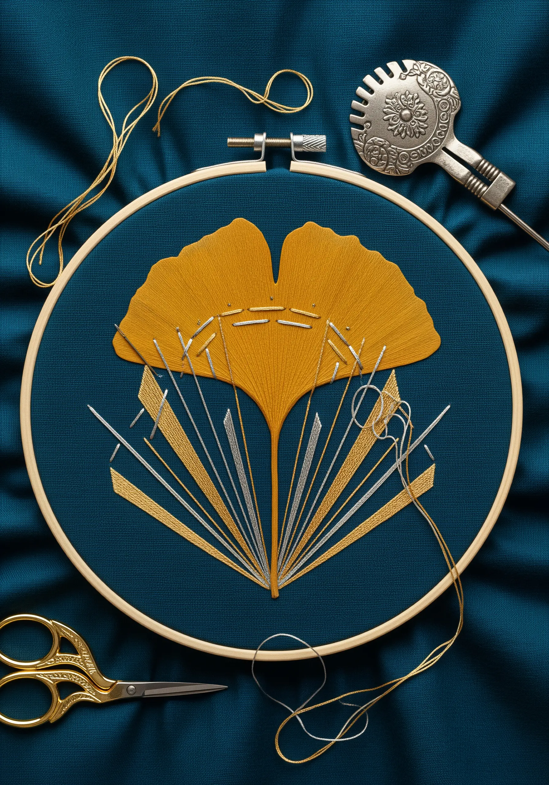 A pressed yellow ginkgo leaf embellished with radiating Art Deco-inspired stitches in silver and gold.