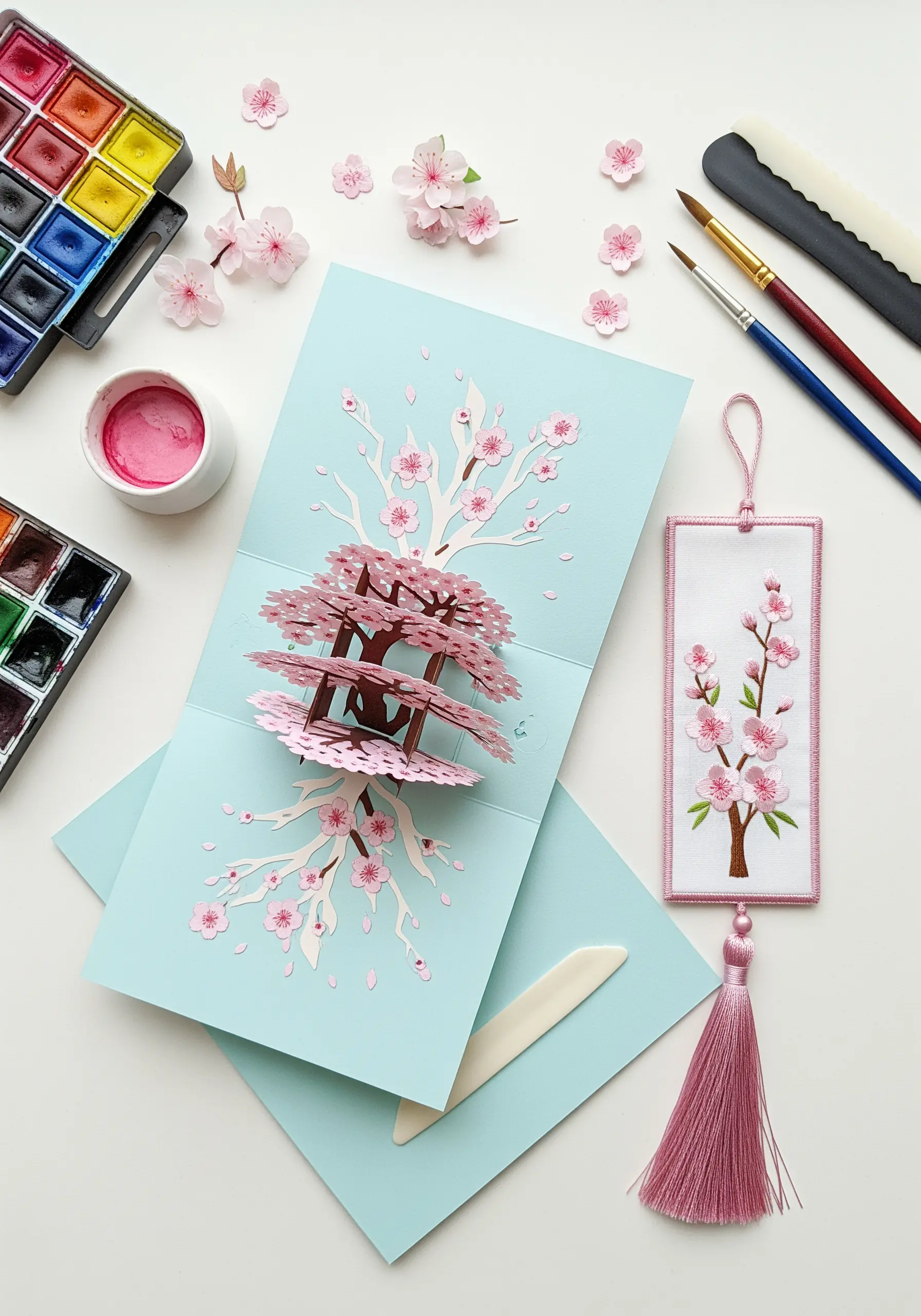 Embroidered cherry blossom bookmark next to a matching 3D pop-up greeting card.