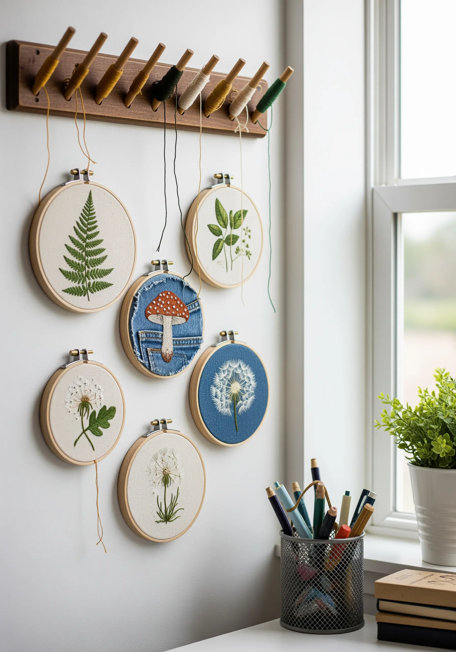 A collection of small embroidery hoops with botanicals stitched on linen and denim scraps.