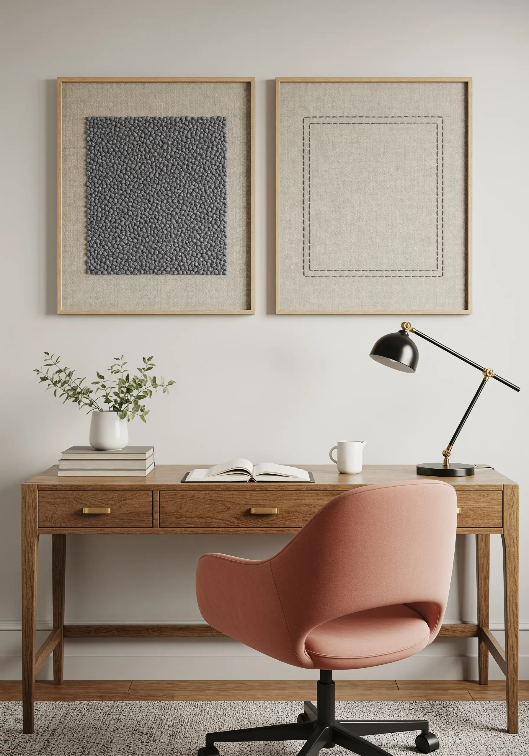 Two framed pieces: one filled with gray French knots, the other with a simple dashed outline.