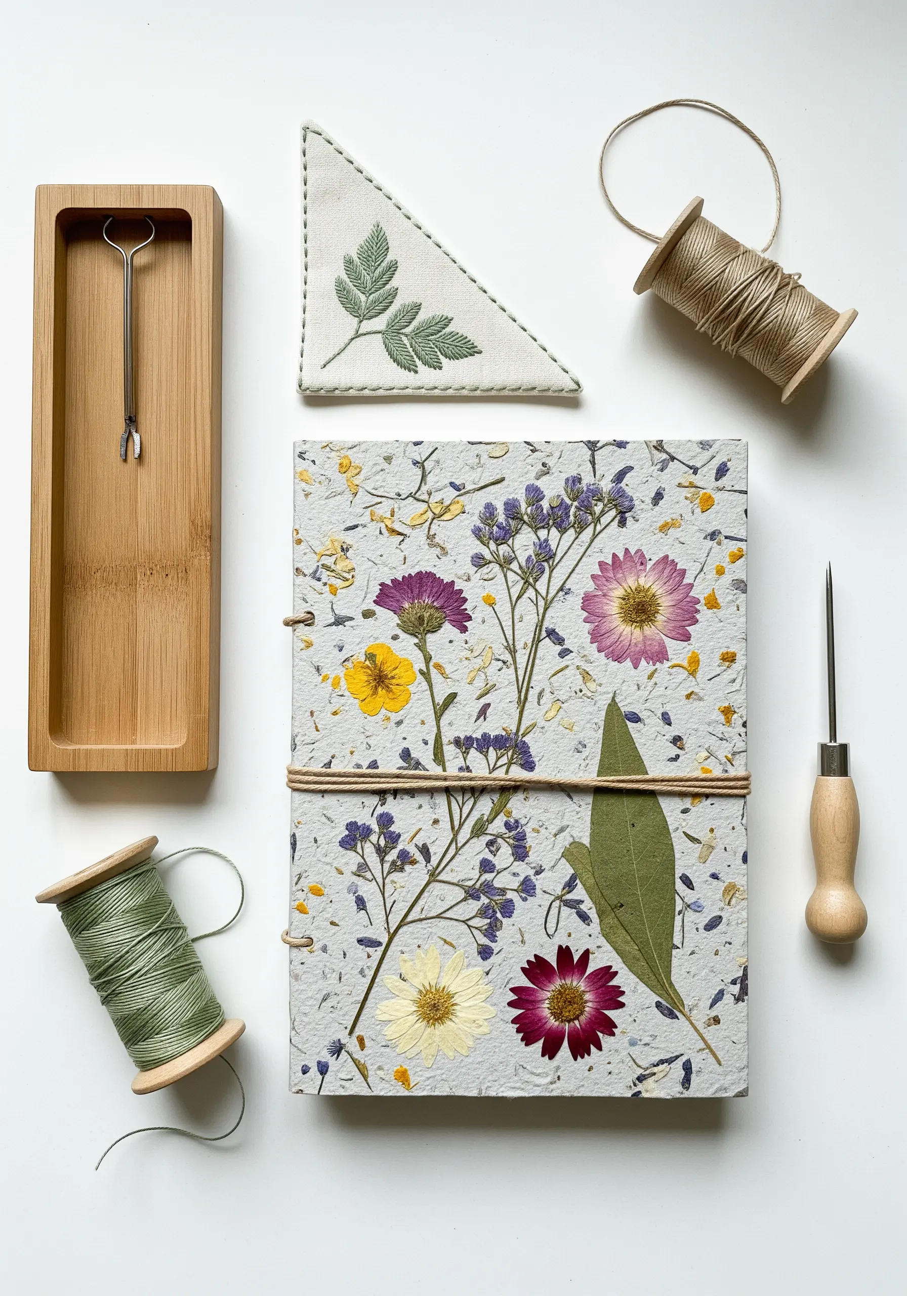 Embroidered leaf corner bookmark next to a journal made with pressed flower paper.