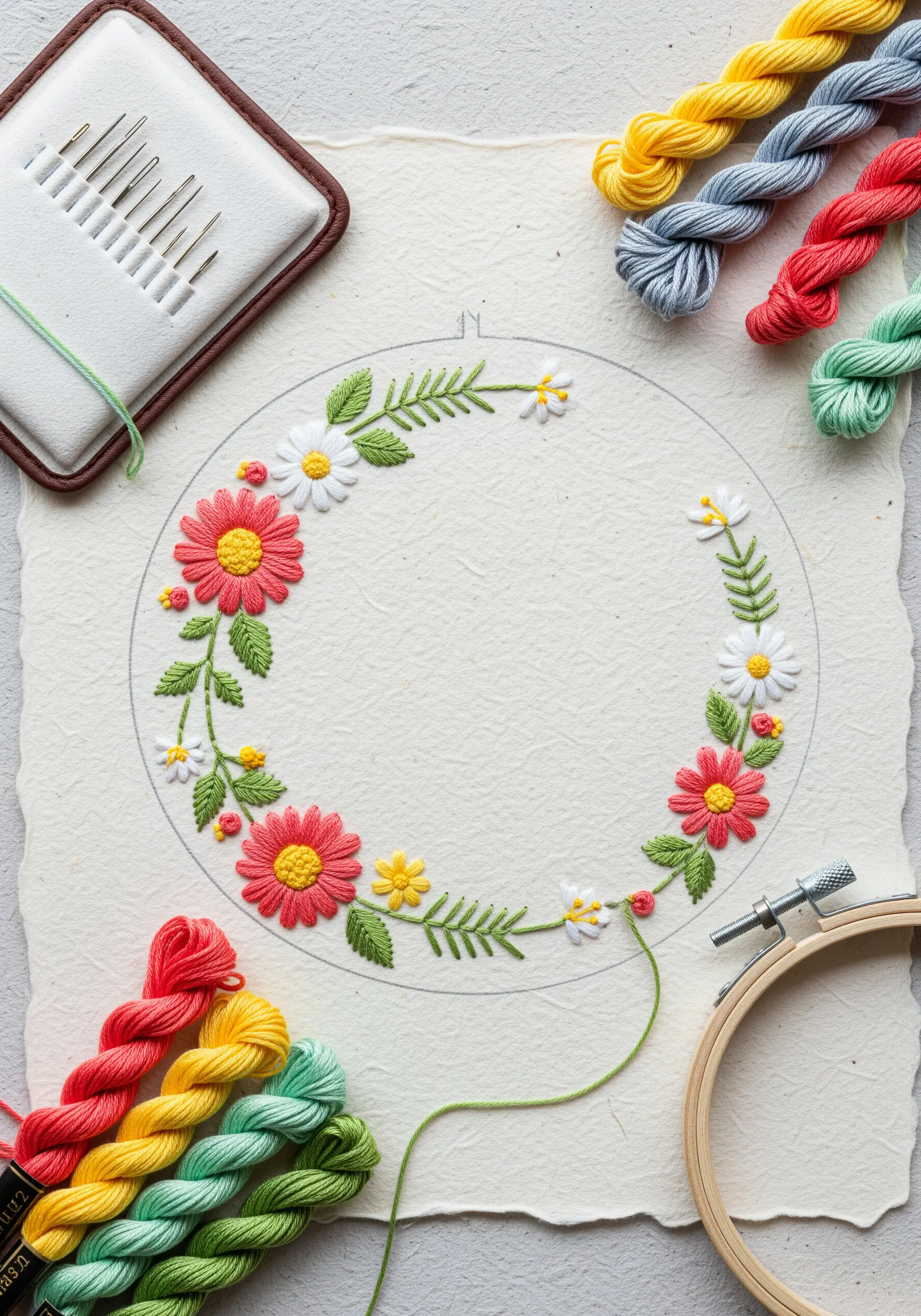 A floral wreath embroidered with satin stitch and French knots on textured handmade paper.