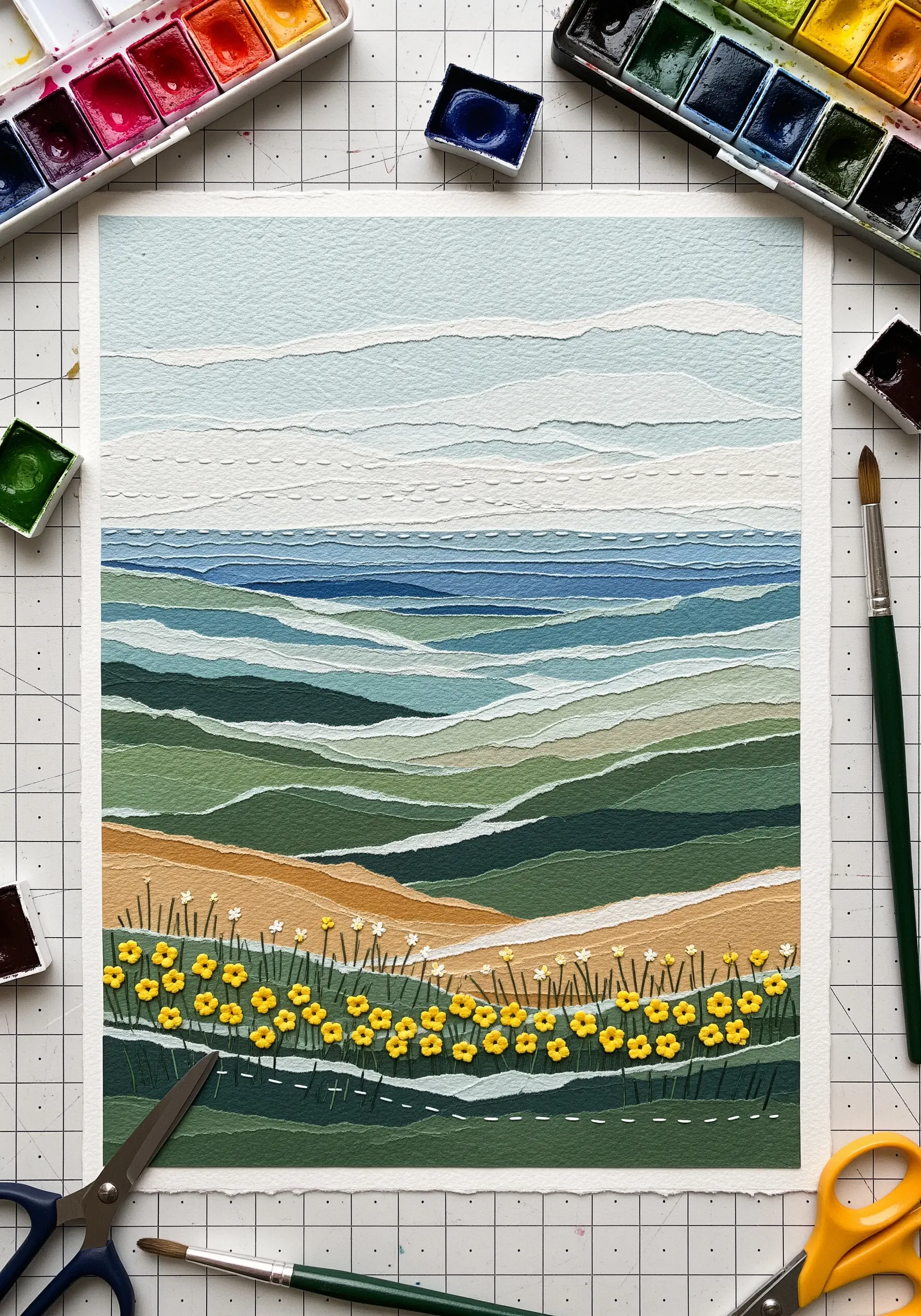 Layered paper collage landscape with embroidered yellow flowers in the foreground.