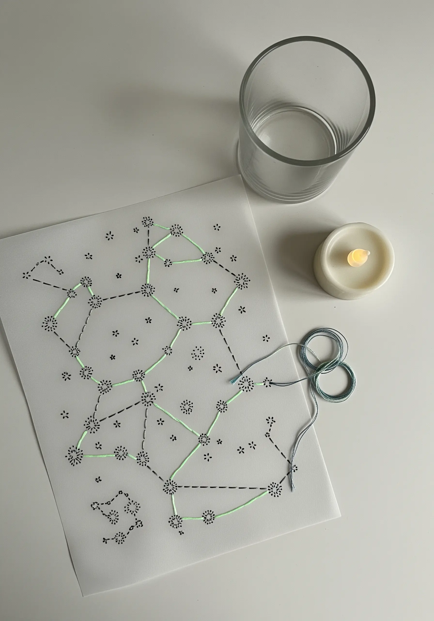 A constellation map stitched with glowing green thread onto white paper.