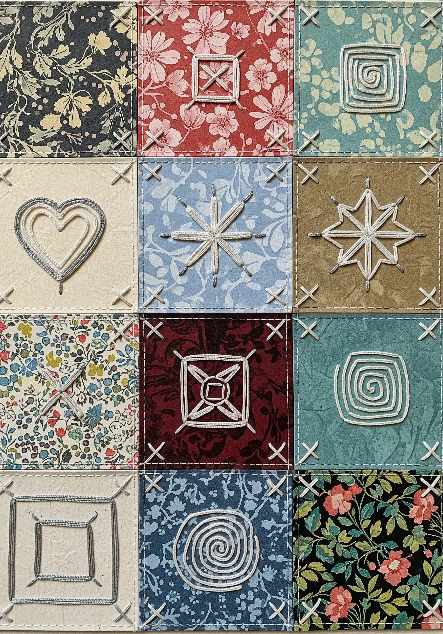 A grid of patterned paper squares stitched together with white thread like a quilt.
